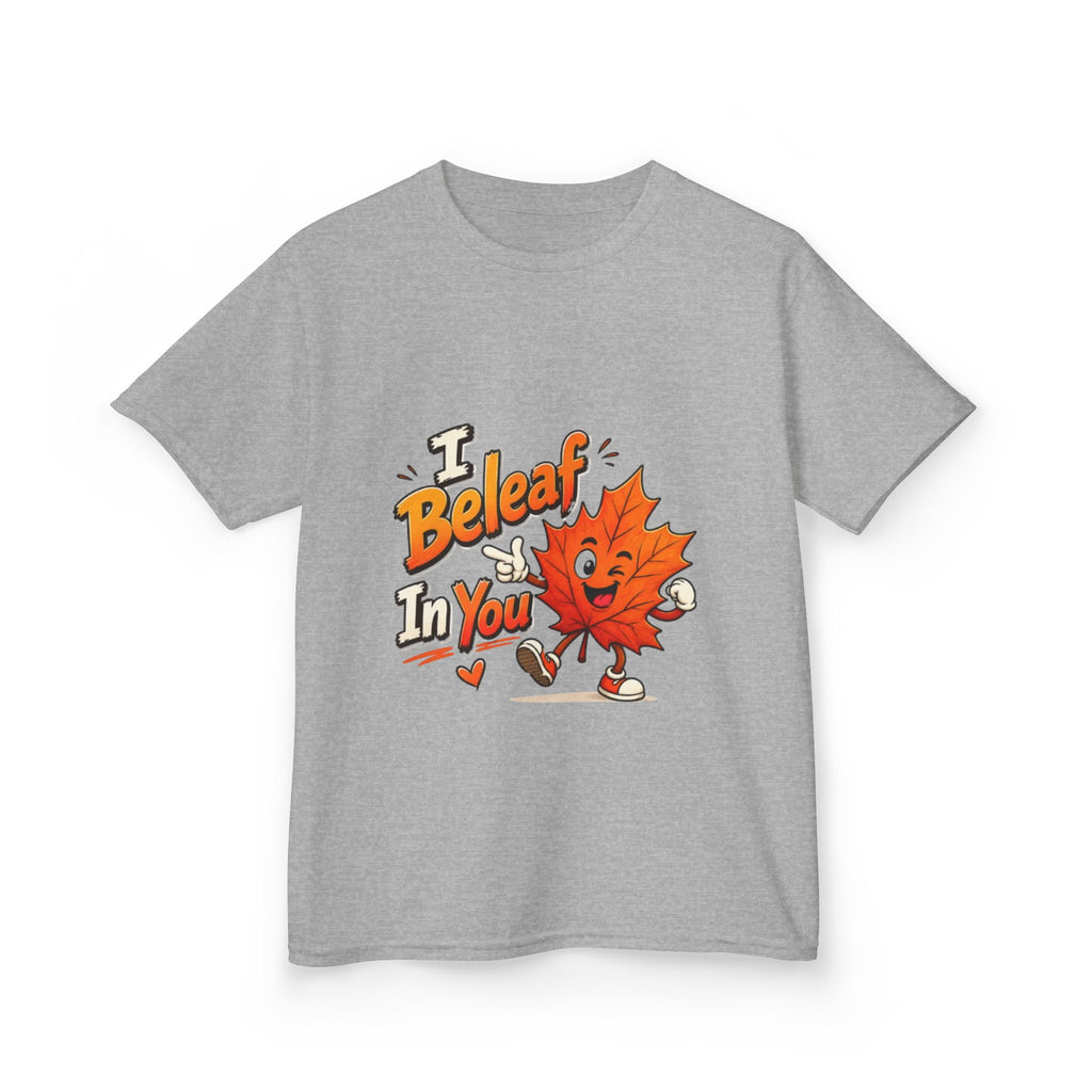 Kids Tee — "I Beleaf In You" Cute Autumn Leaf Motivational Shirt