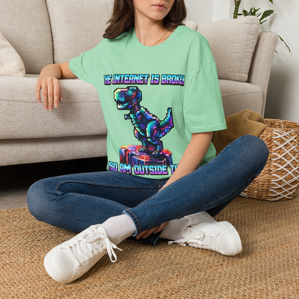 Internet Is Broke Adult  T-Shirt — Retro Pixel Dino "So Am I" Graphic Tee