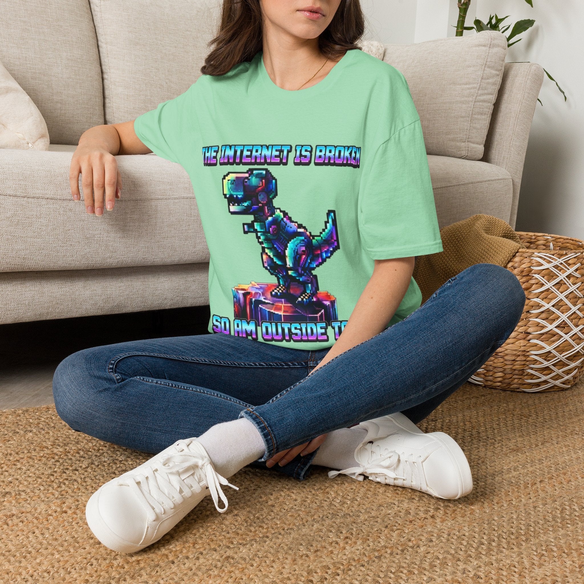 Internet Is Broke Adult  T-Shirt — Retro Pixel Dino "So Am I" Graphic Tee
