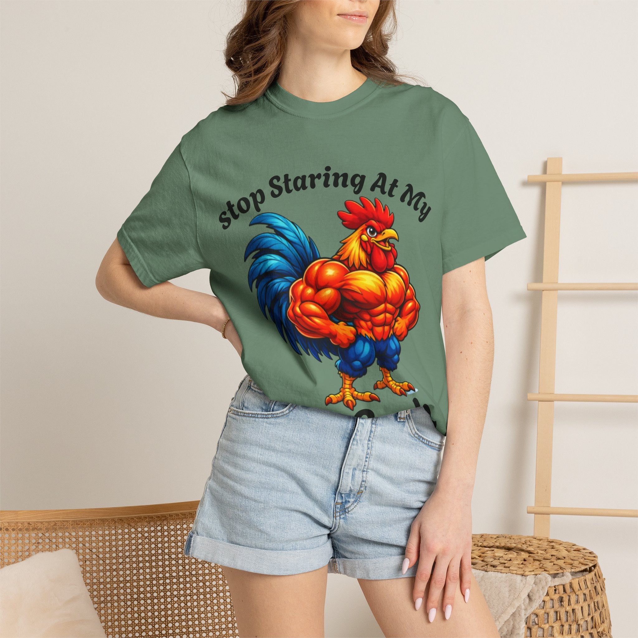 Graphic Adult T-Shirt — "Stop Staring At My Big Cock" Rooster Humorous Tee