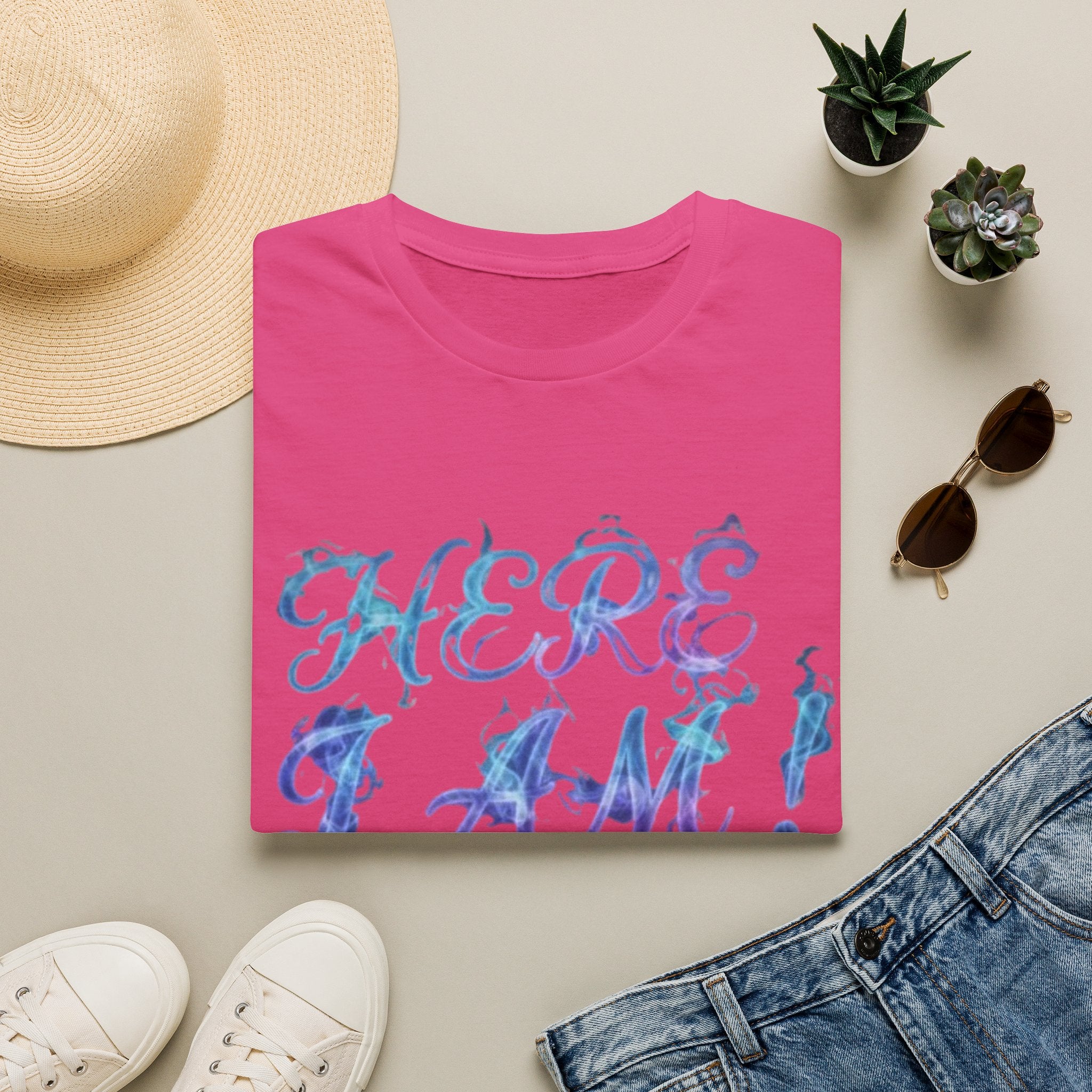 Adult T-Shirt — "Here I Am! What Are Your Other 2 Wishes?" Floral Script Graphic Tee