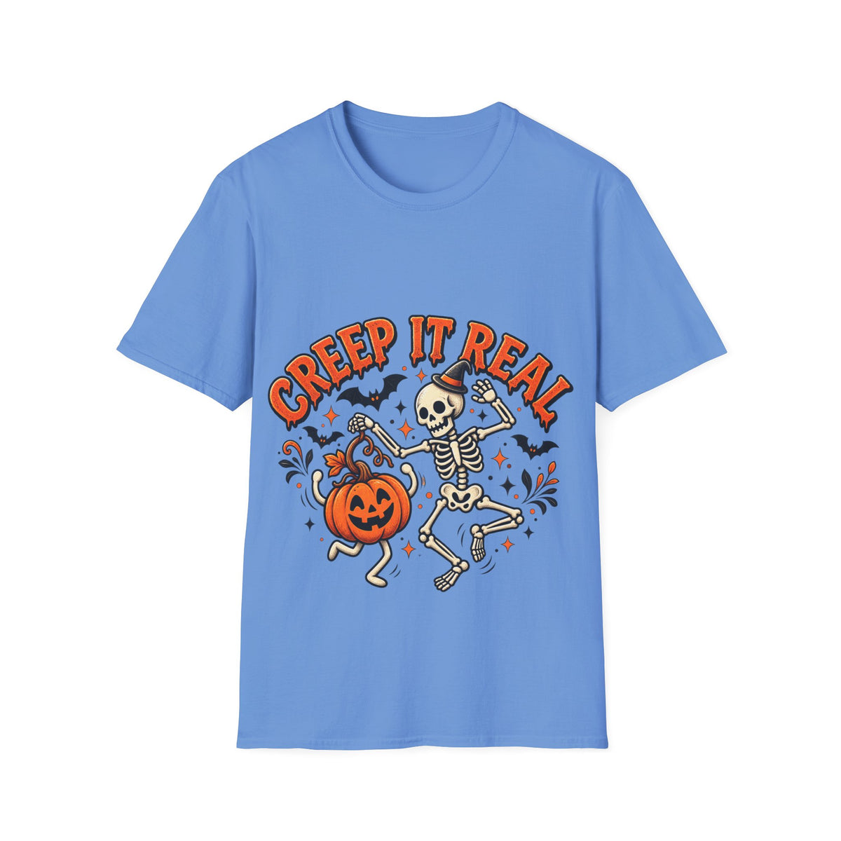 Creep It Real Halloween Adult T-Shirt — Dancing Skeleton & Pumpkin Graphic
