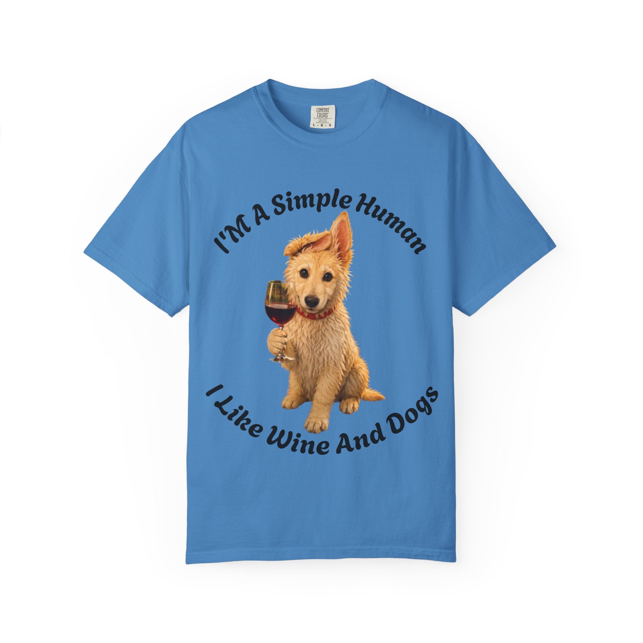 Adult T-Shirt — "I'm A Simple Human I Like Wine And Dogs" Cute Dog & Wine Graphic Tee