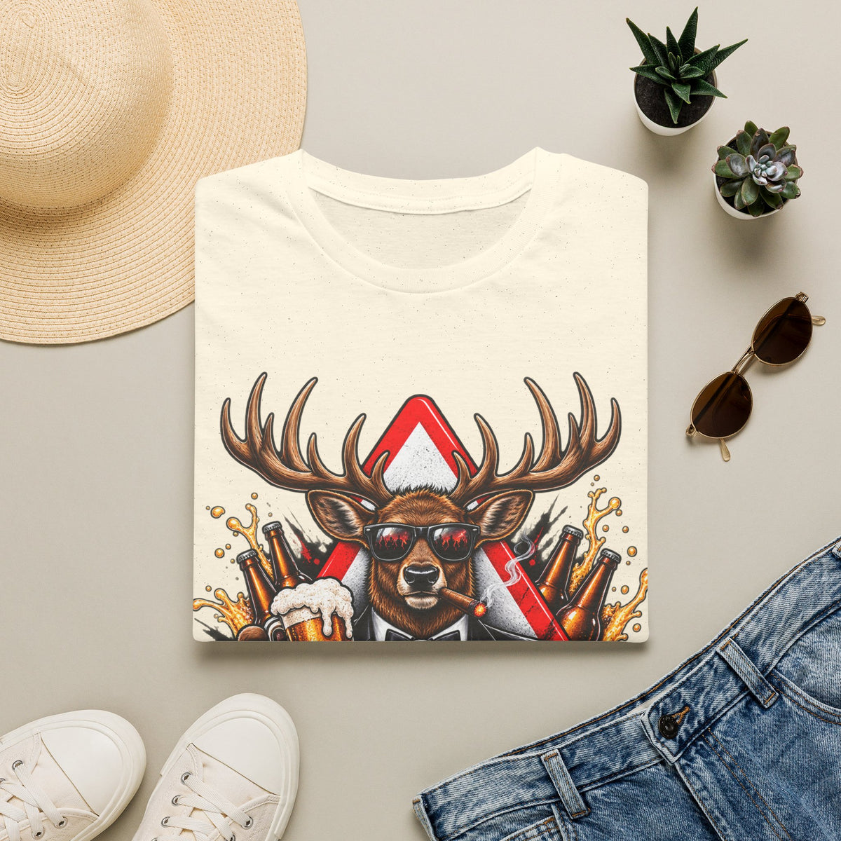 Stag Party Adult T-Shirt — Funny Beer-Drinking Deer Graphic Tee for Bachelor Parties