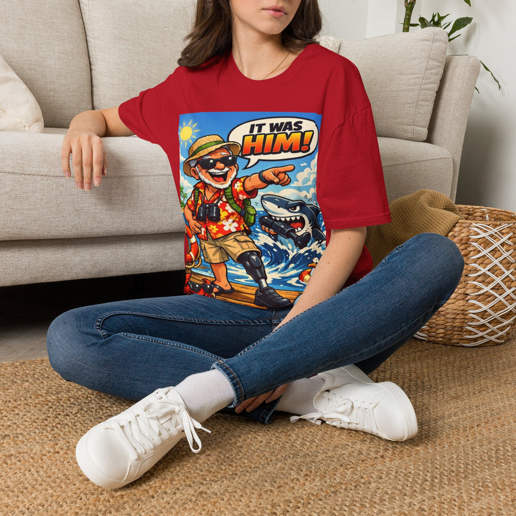 Adult T-Shirt — Retro Vacation Shark 'It Was Him!' Graphic Tee
