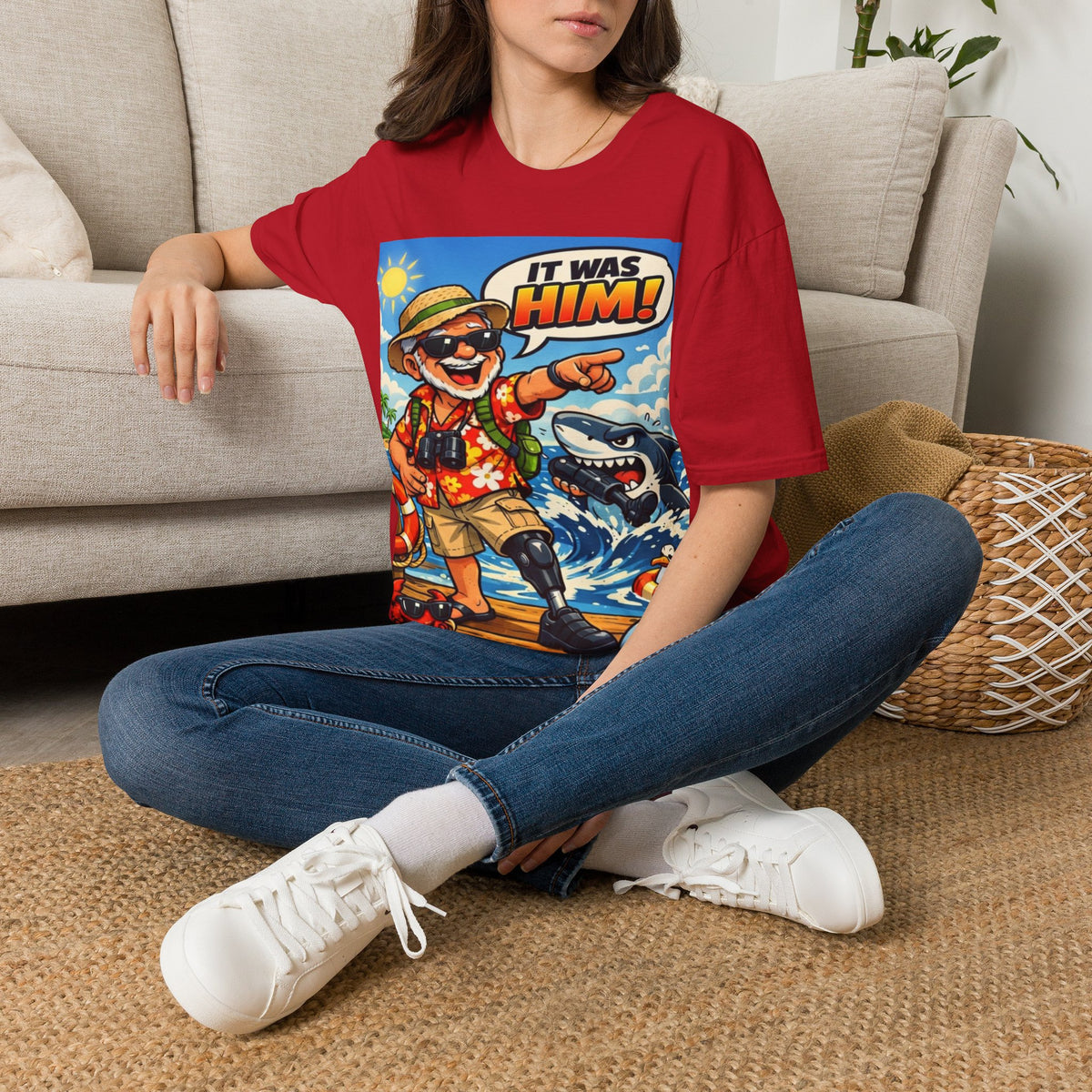 Adult T-Shirt — Retro Vacation Shark 'It Was Him!' Graphic Tee