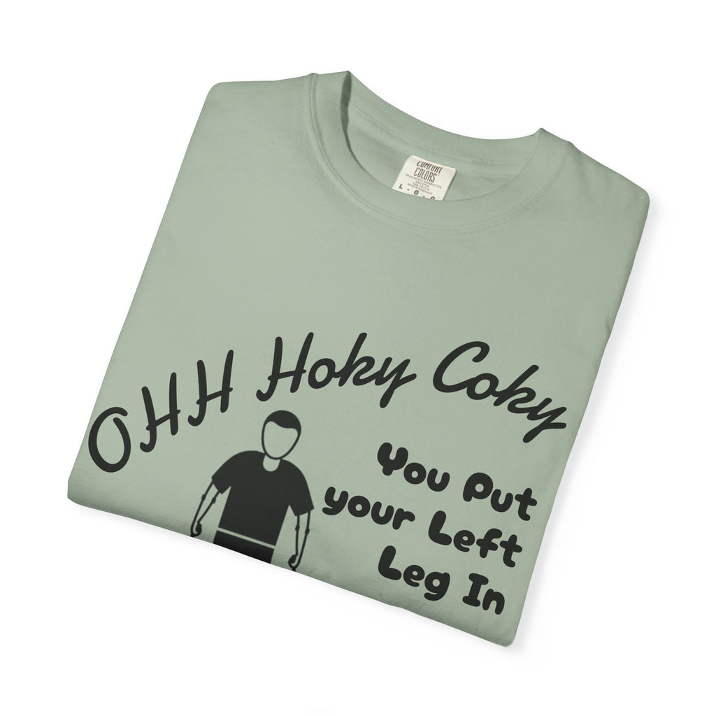Ohh Hokey Cokey Prosthetic Leg Adult T-Shirt — "You Put Your Left Leg In, Ohh Crap" Funny Disability Humor Tee