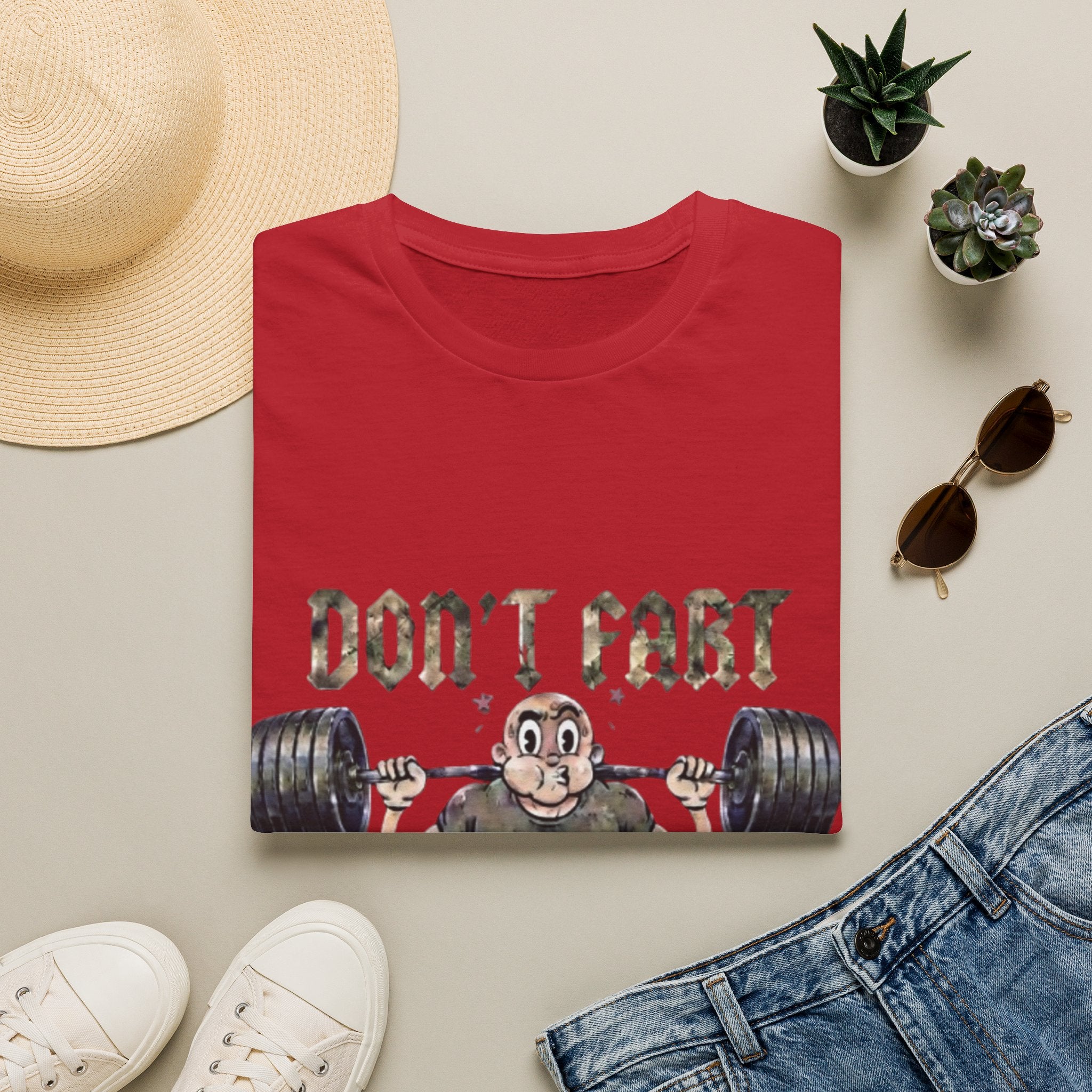Don't Fart Weightlifting  Adult T‑Shirt — Funny Gym Workout Tee