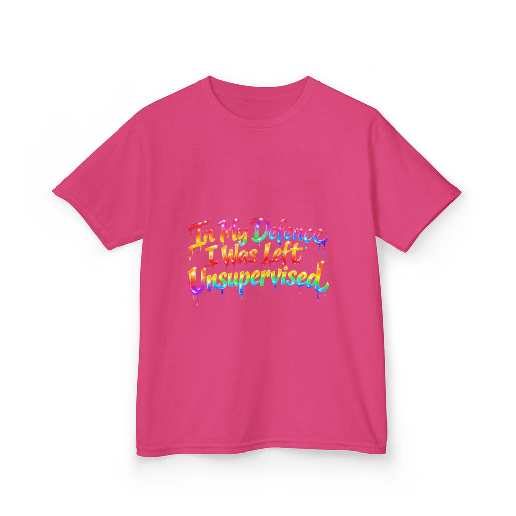 Kids Tee — "In My Defence I Was Left Unsupervised" Rainbow Drip Graphic