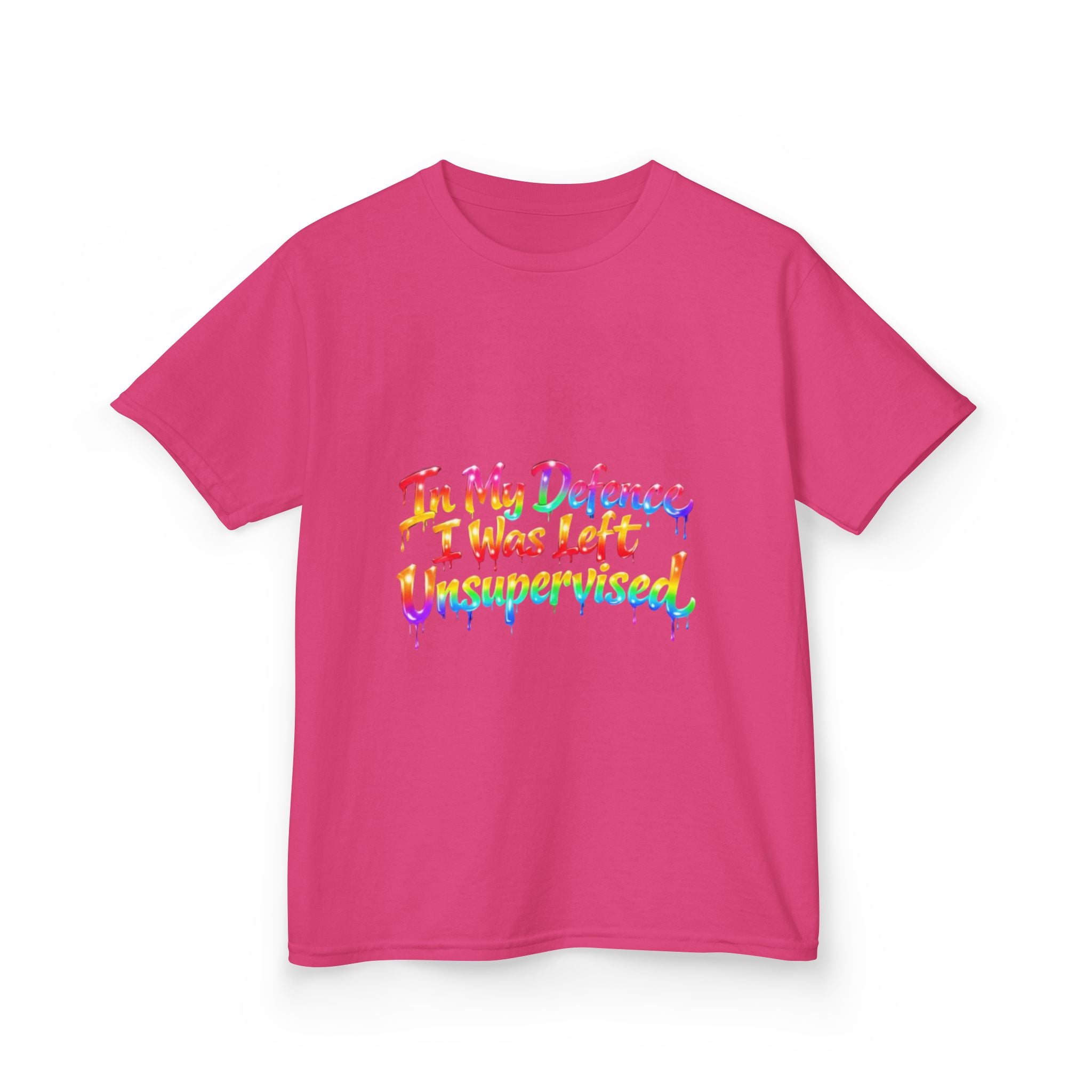 Kids Tee — "In My Defence I Was Left Unsupervised" Rainbow Drip Graphic