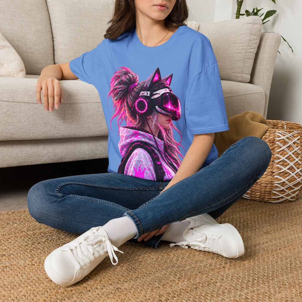 Cat VR Gamer Adult T‑Shirt — Neon Pink Cyberpunk Kitty Gamer Tee