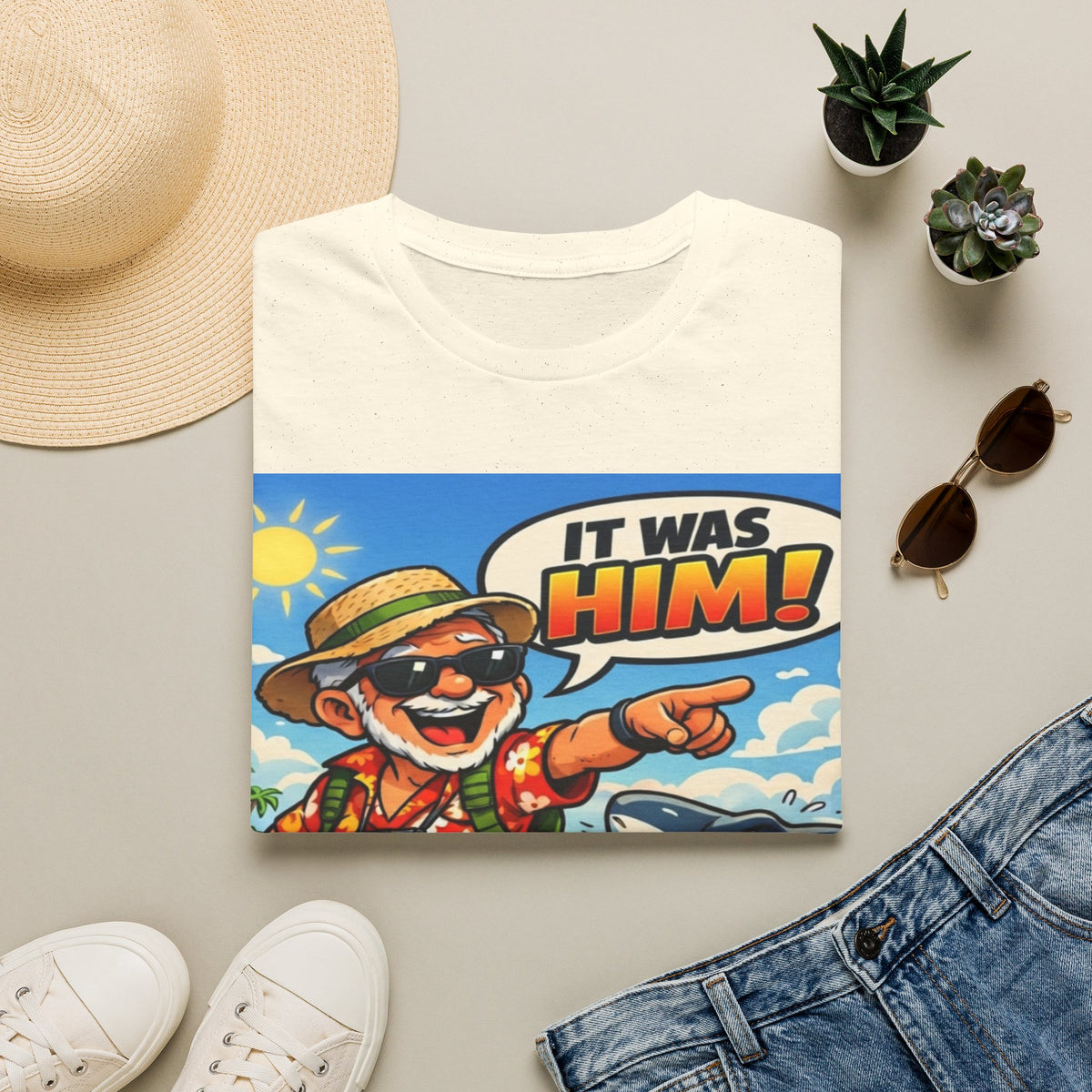 Adult T-Shirt — Retro Vacation Shark 'It Was Him!' Graphic Tee