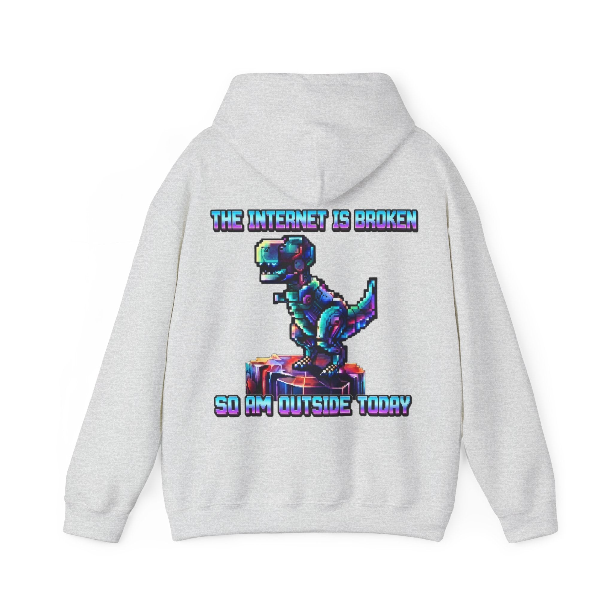 Retro Pixel Dino Adult Hoodie - "The Internet Is Broken So I’m Outside Today"