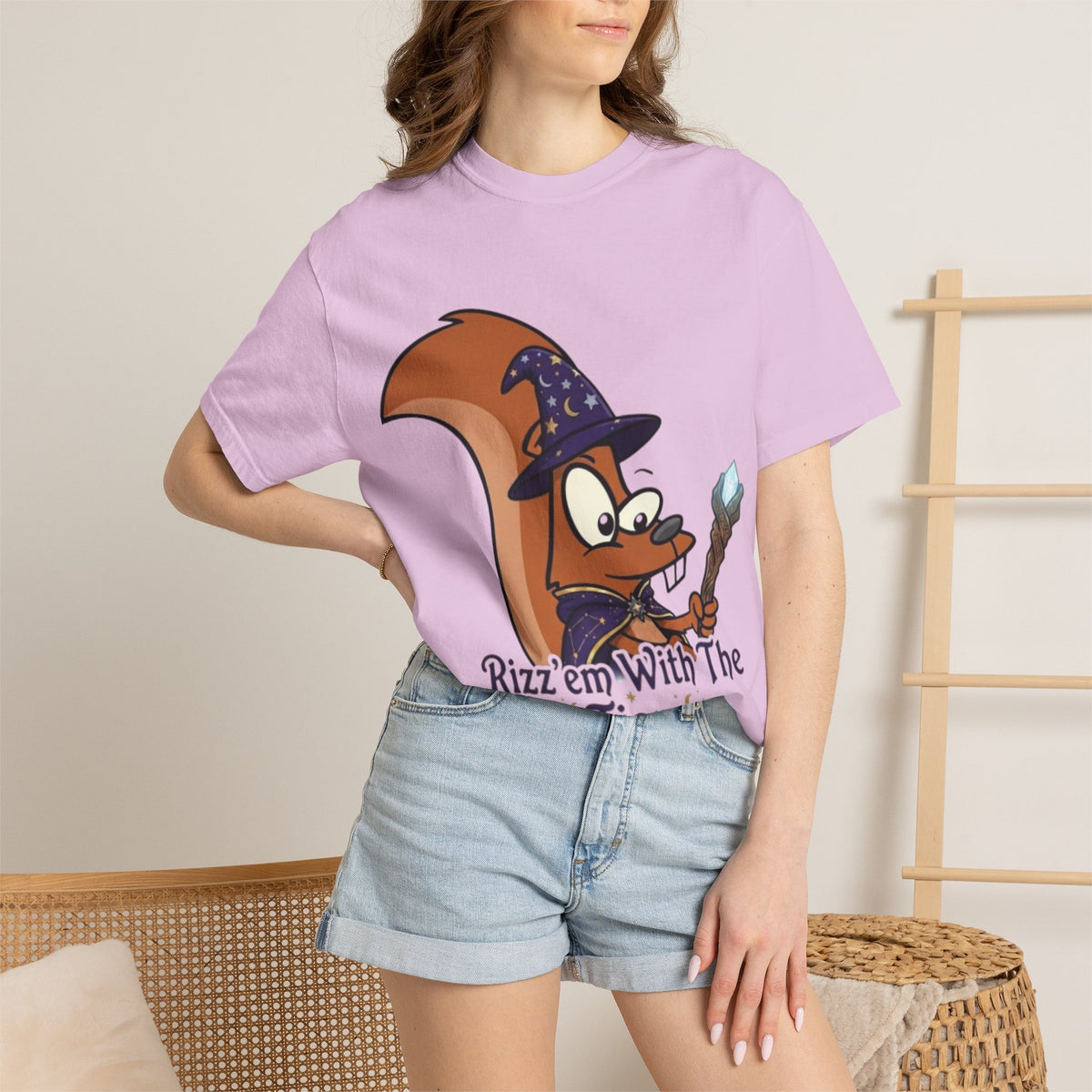Wizard Squirrel Adult T-Shirt — "Rizz 'em With The Tism" Cute Magic Cartoon Tee