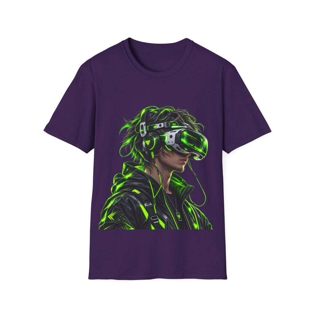 Cyberpunk VR Gamer Adult T-Shirt — Neon Green Virtual Reality Jacket Design
