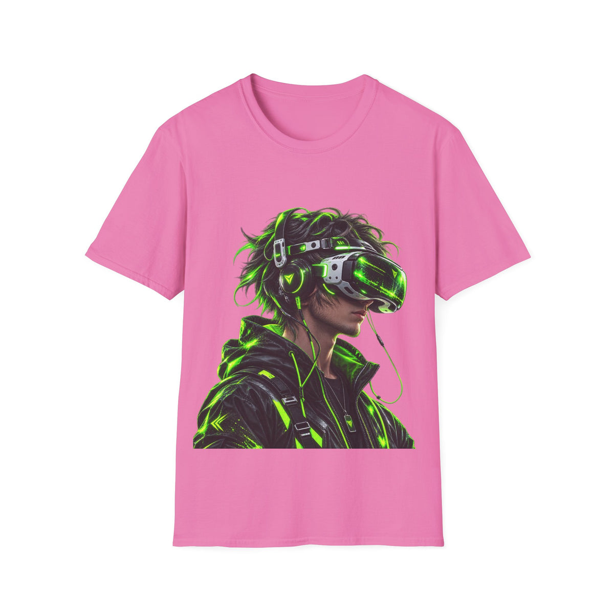 Cyberpunk VR Gamer Adult T-Shirt — Neon Green Virtual Reality Jacket Design
