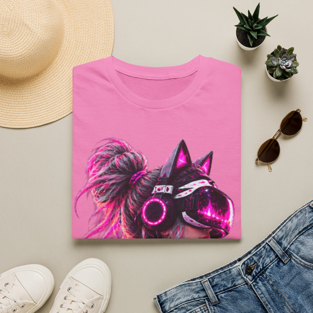 Cat VR Gamer Adult T‑Shirt — Neon Pink Cyberpunk Kitty Gamer Tee