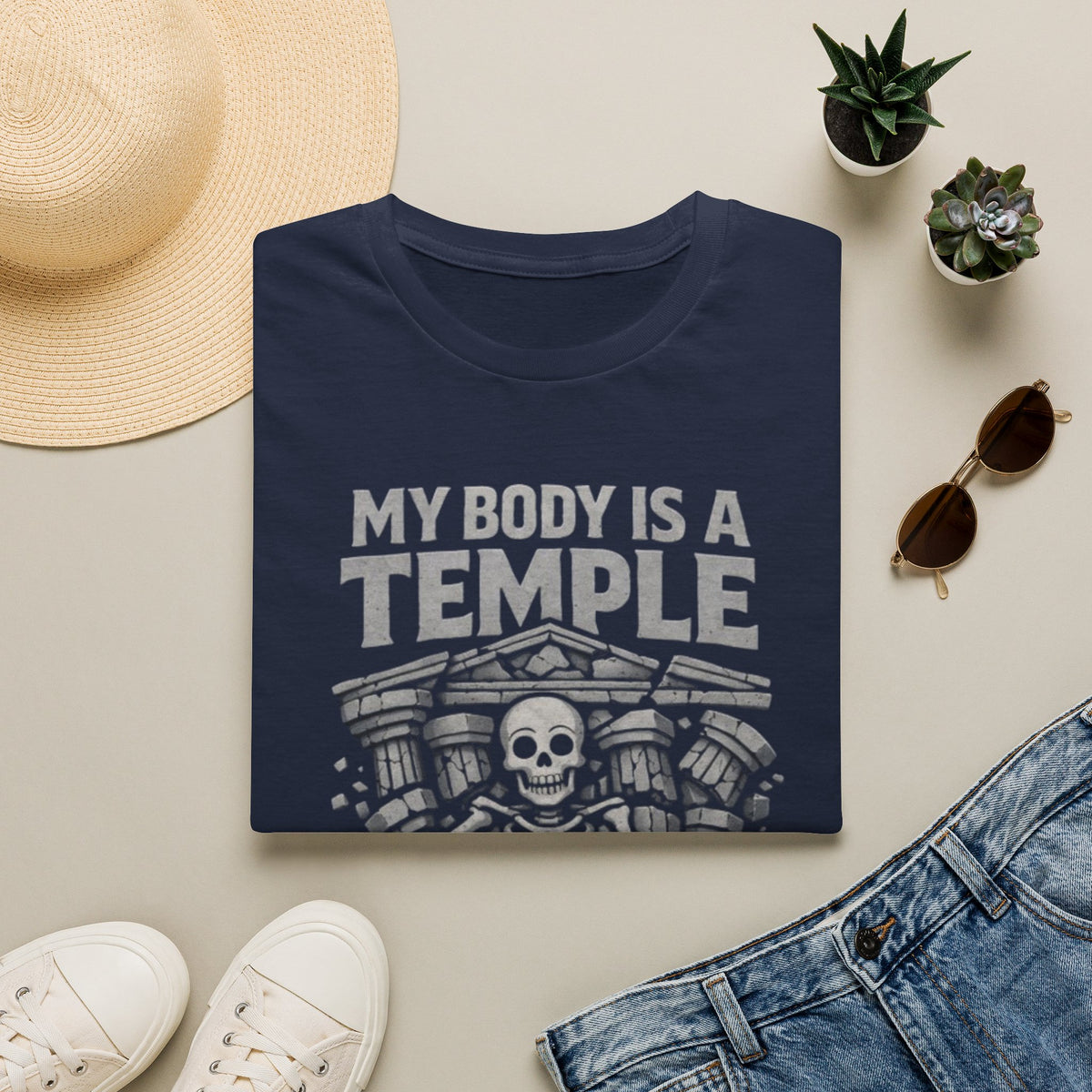 Temple Skeleton Adult T-Shirt — "My Body Is a Temple" Vintage Gothic Tee