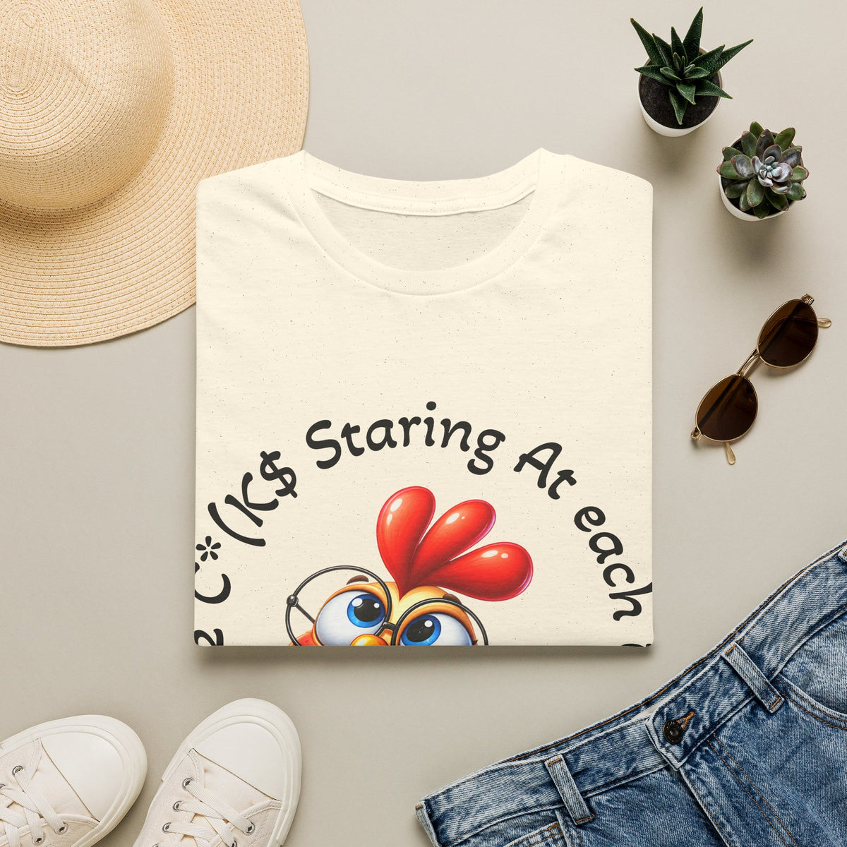 Chicken Cartoon Adult T-Shirt — "Staring At Each Other" Cute Funny Graphic Tee