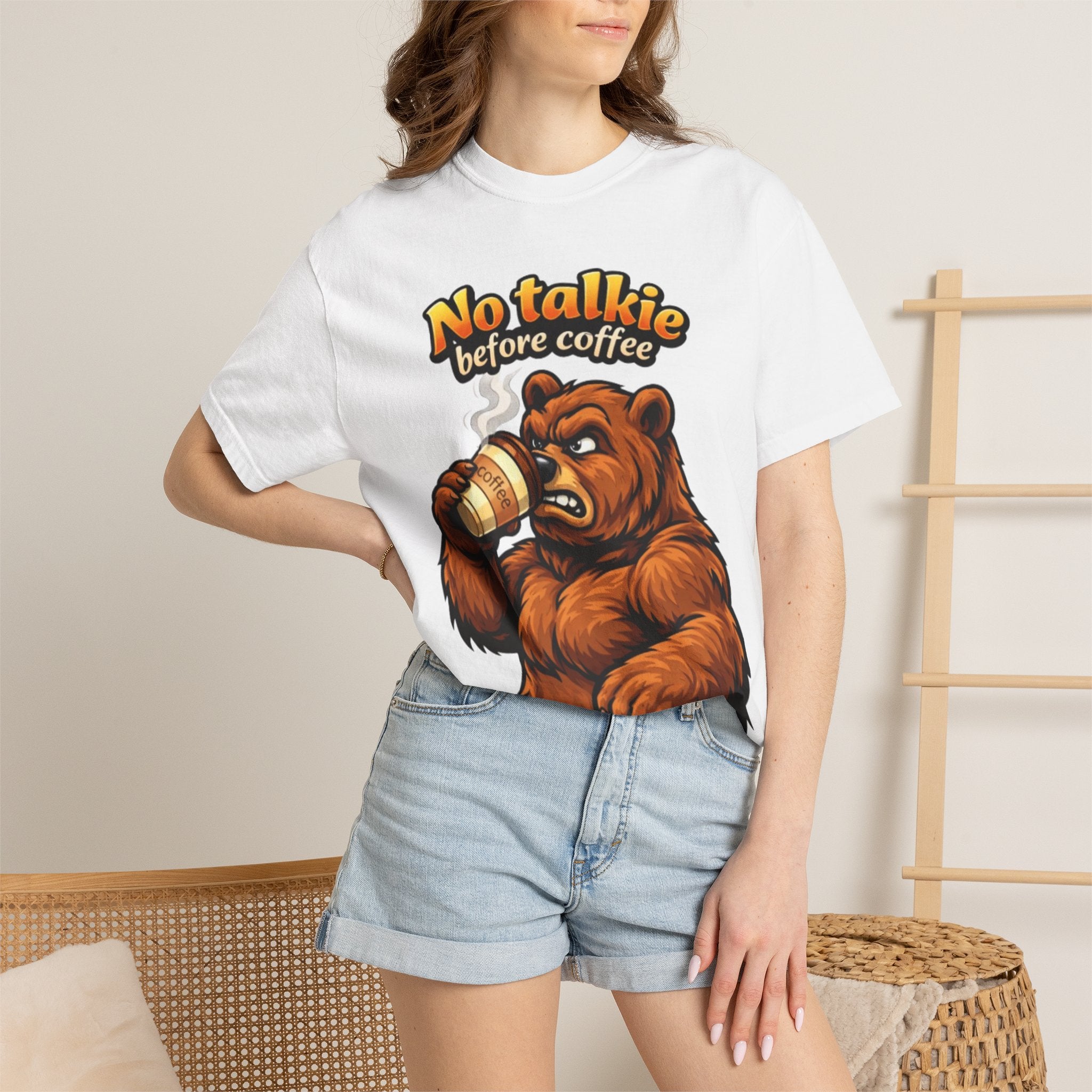 Adult T-Shirt — "No Talkie Before Coffee" Bear Graphic
