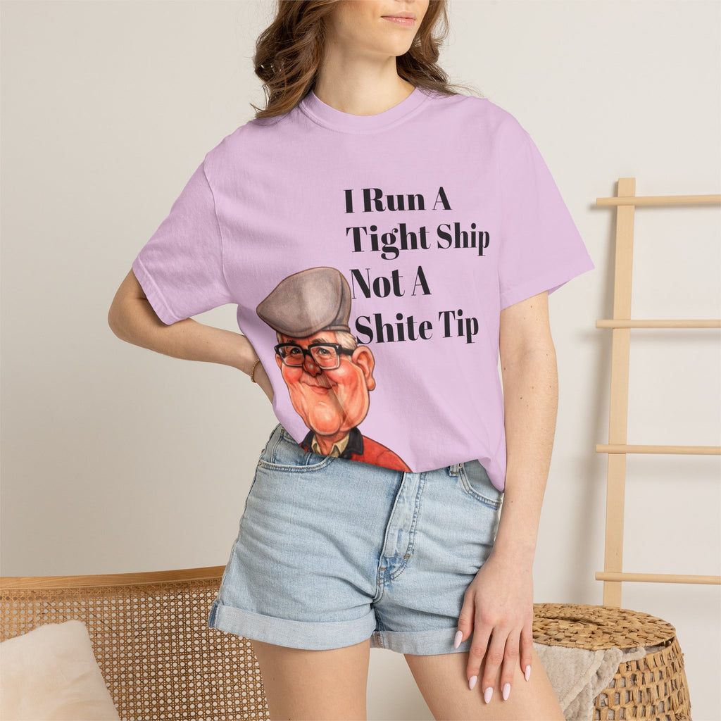 Funny Grandpa Adult Tee — "I Run A Tight Ship Not A Shite Tip" Caricature T-Shirt