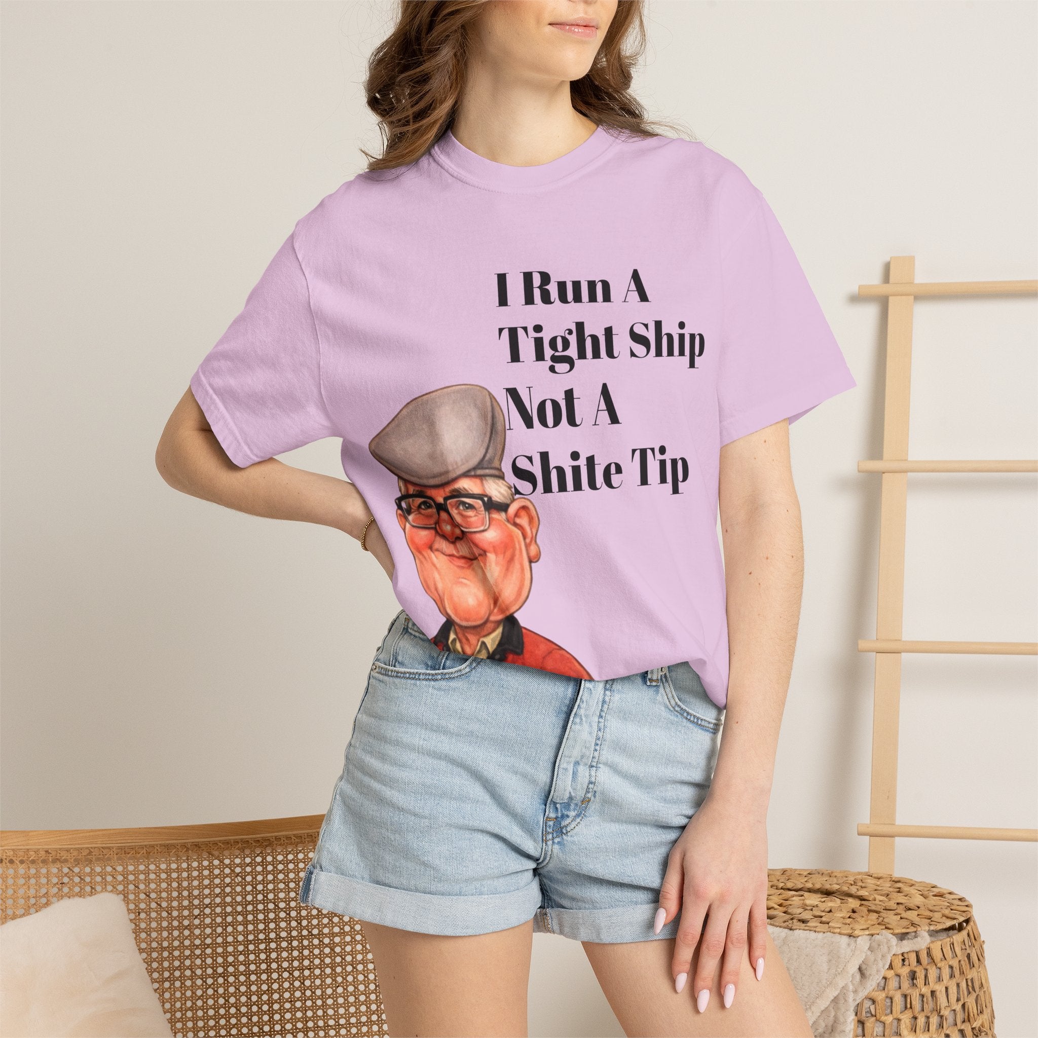 Funny Grandpa Adult Tee — "I Run A Tight Ship Not A Shite Tip" Caricature T-Shirt