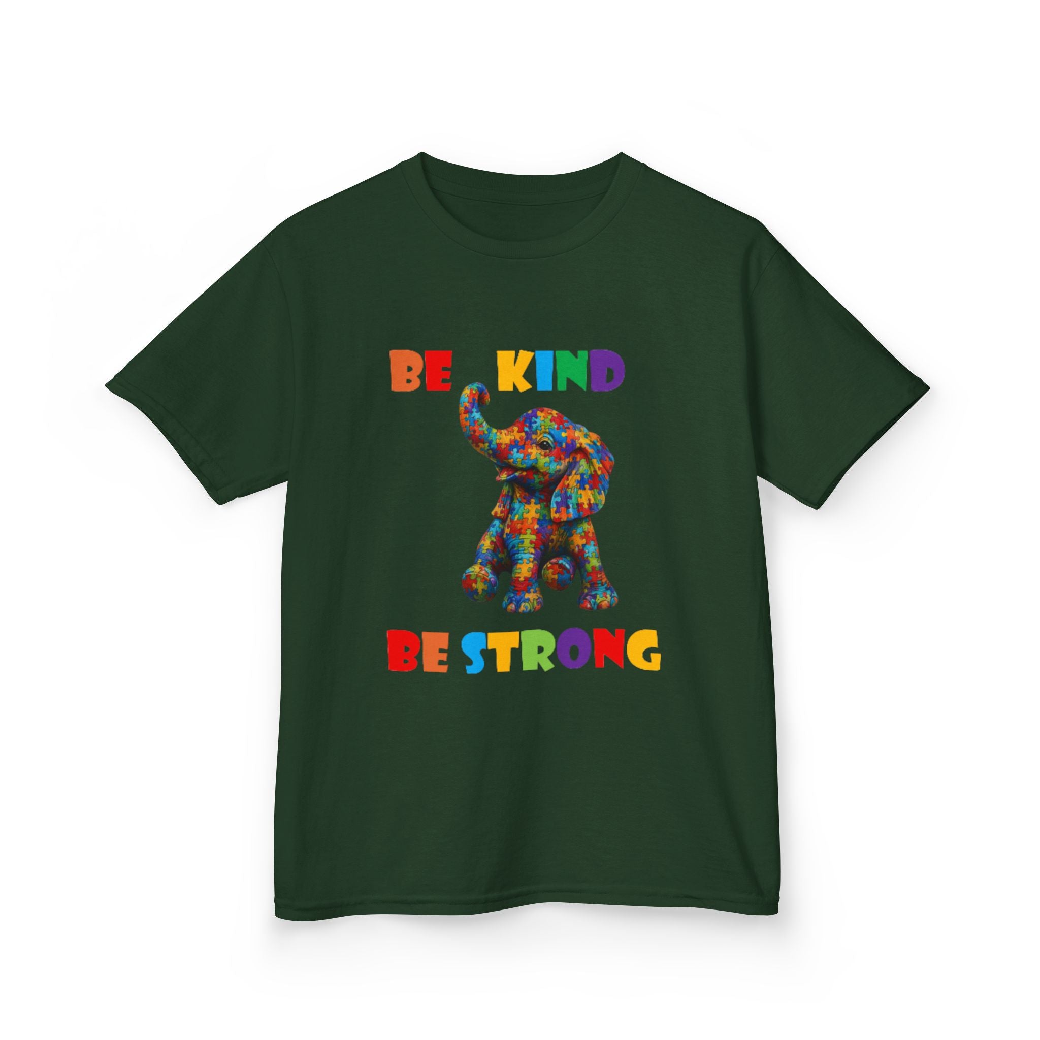 Colorful Patchwork Elephant Be Kind Be Strong Kids Tee | Rainbow Animal Shirt