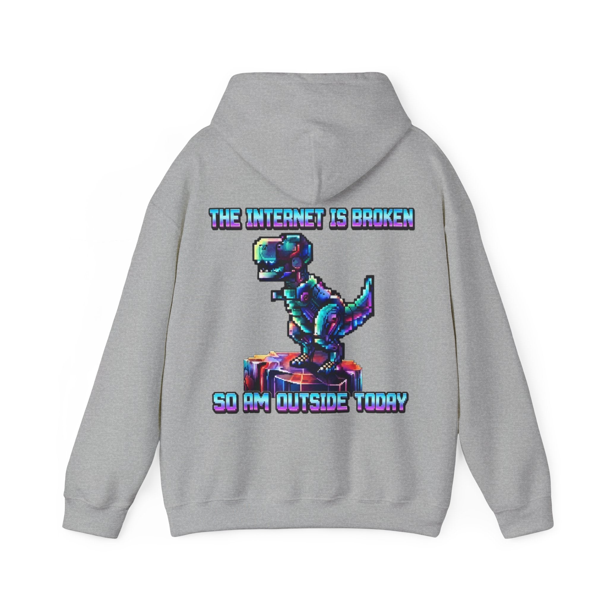 Retro Pixel Dino Adult Hoodie - "The Internet Is Broken So I’m Outside Today"