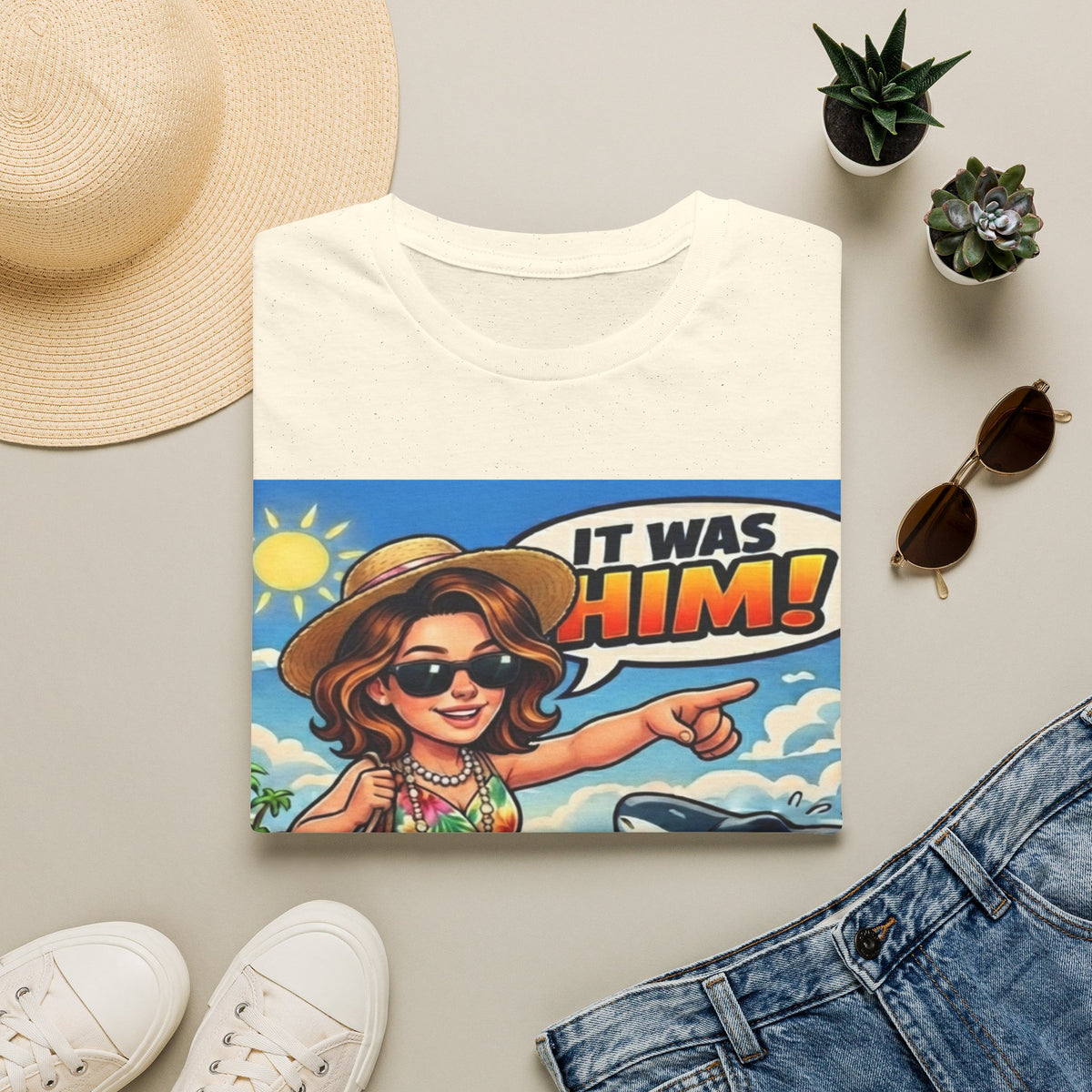 Adult T-Shirt — 'It Was Him!' Beach Shark Graphic Tee