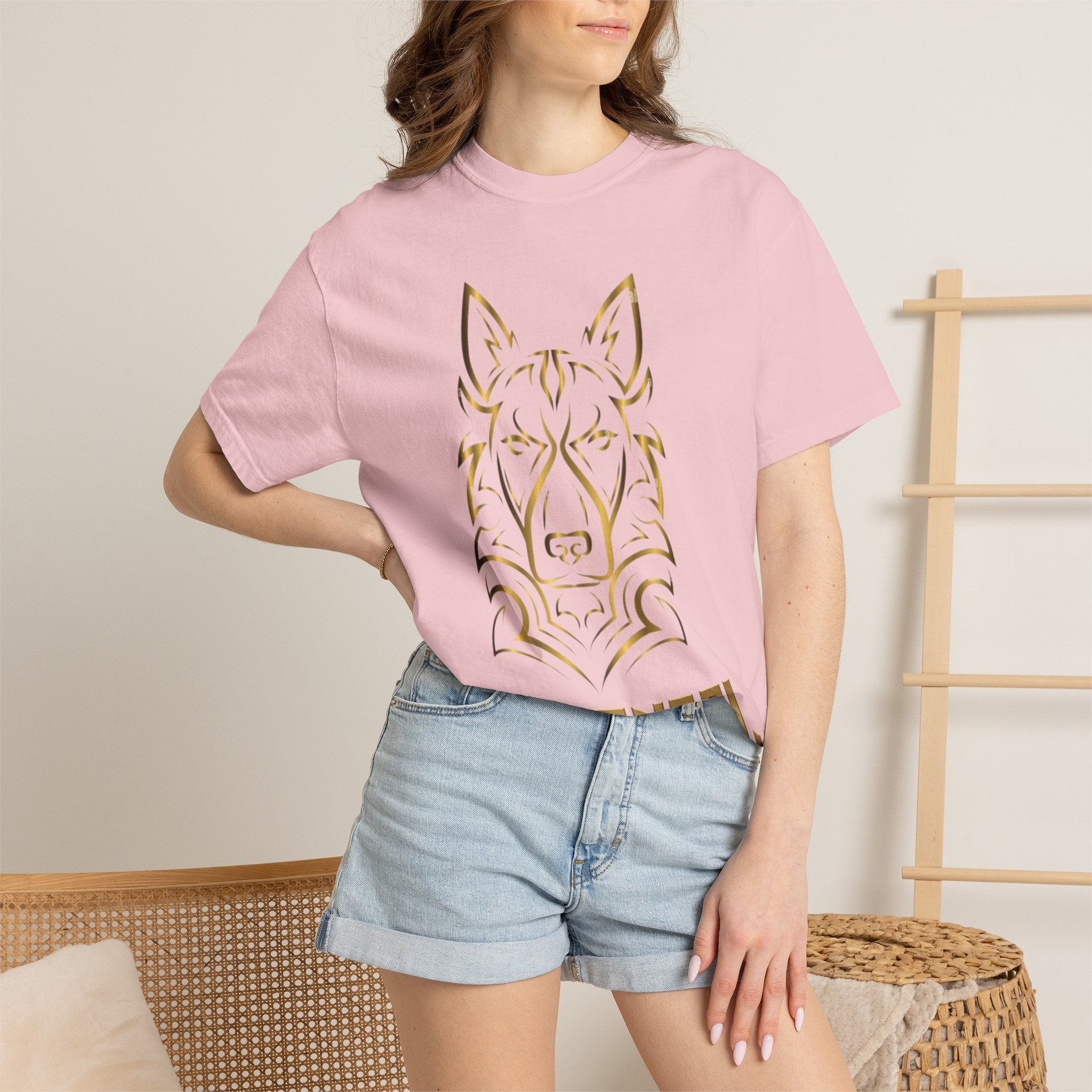 The Angel Wolf Adult T-Shirt — Gold Line Art Graphic Tee