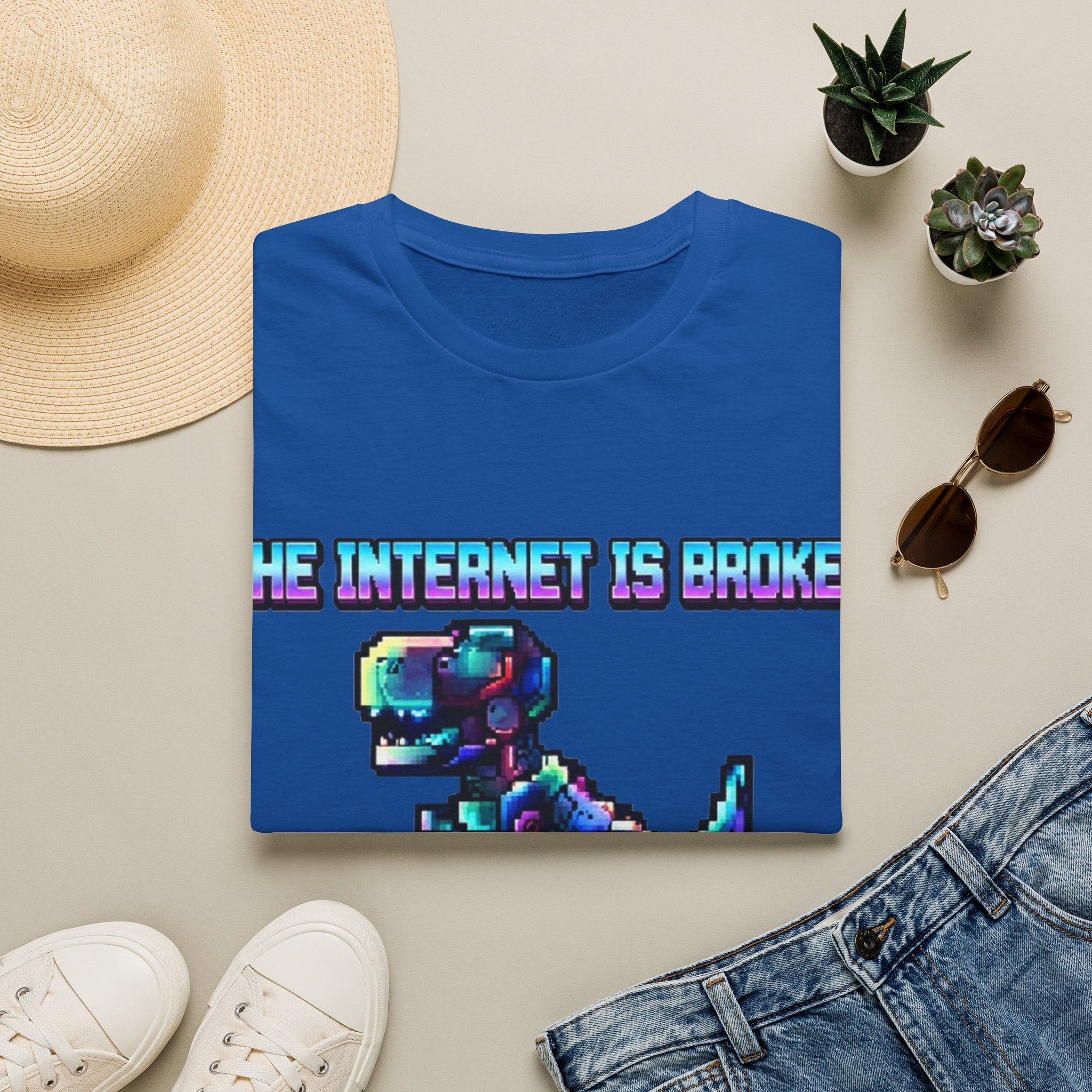 Internet Is Broke Adult  T-Shirt — Retro Pixel Dino "So Am I" Graphic Tee