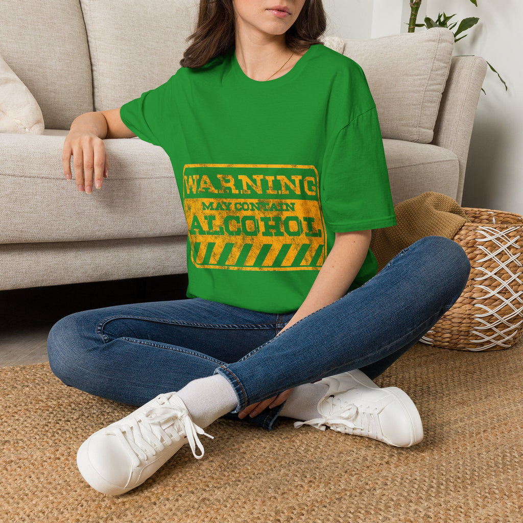 Adult T-Shirt — "WARNING: May Contain Alcohol" Distressed Graphic Tee