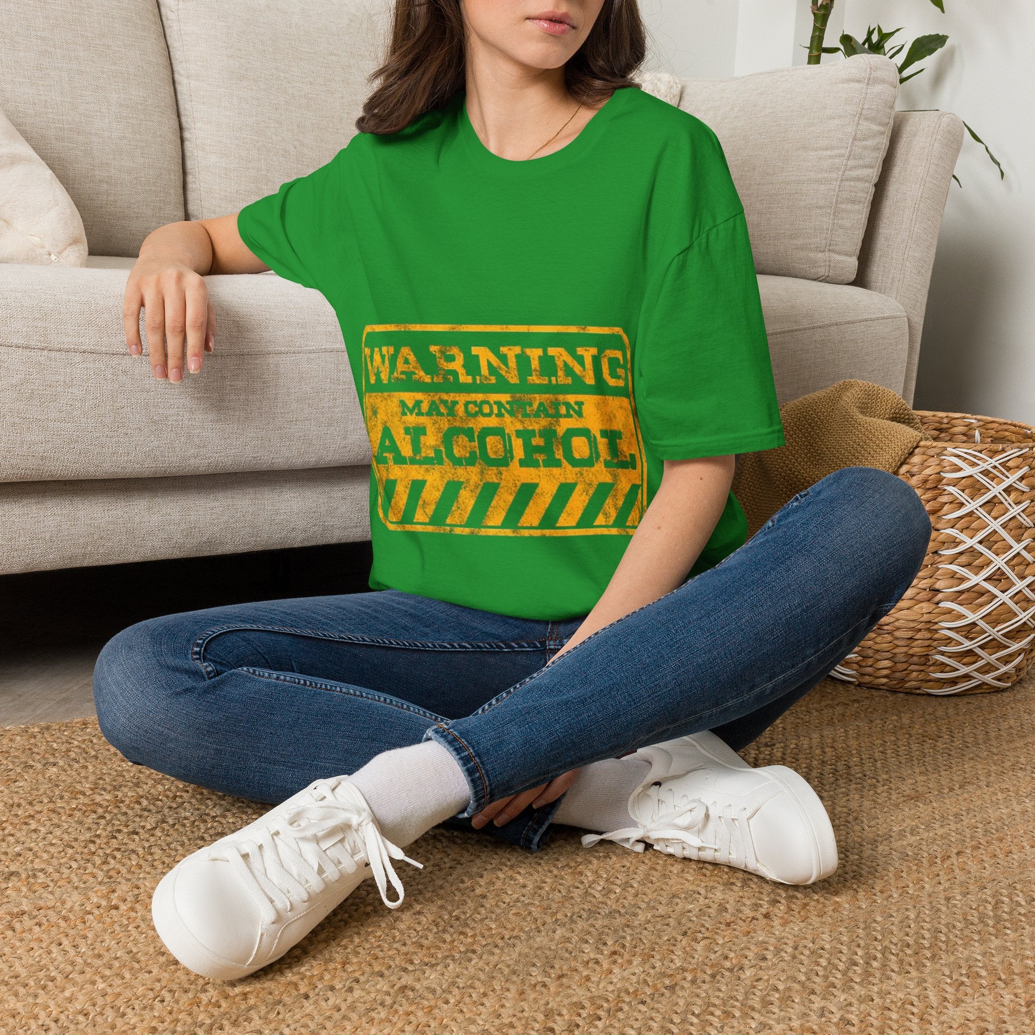 Adult T-Shirt — "WARNING: May Contain Alcohol" Distressed Graphic Tee
