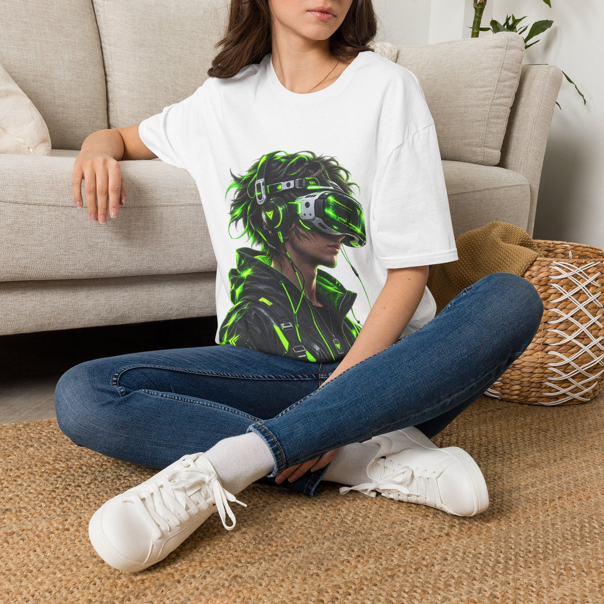 Cyberpunk VR Gamer Adult T-Shirt — Neon Green Virtual Reality Jacket Design