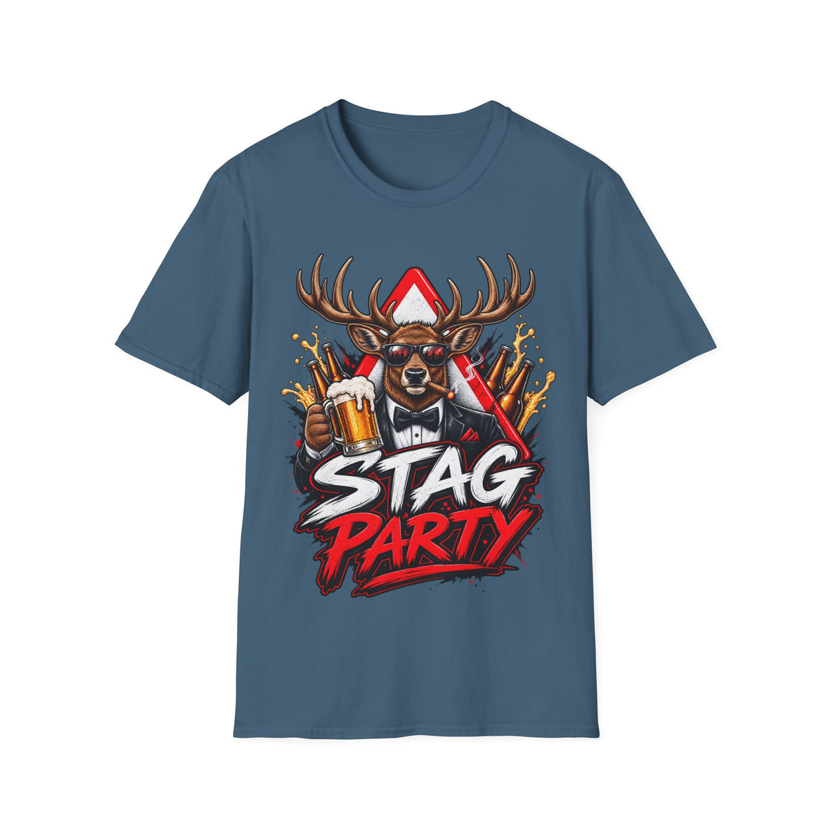 Stag Party Adult T-Shirt — Funny Beer-Drinking Deer Graphic Tee for Bachelor Parties