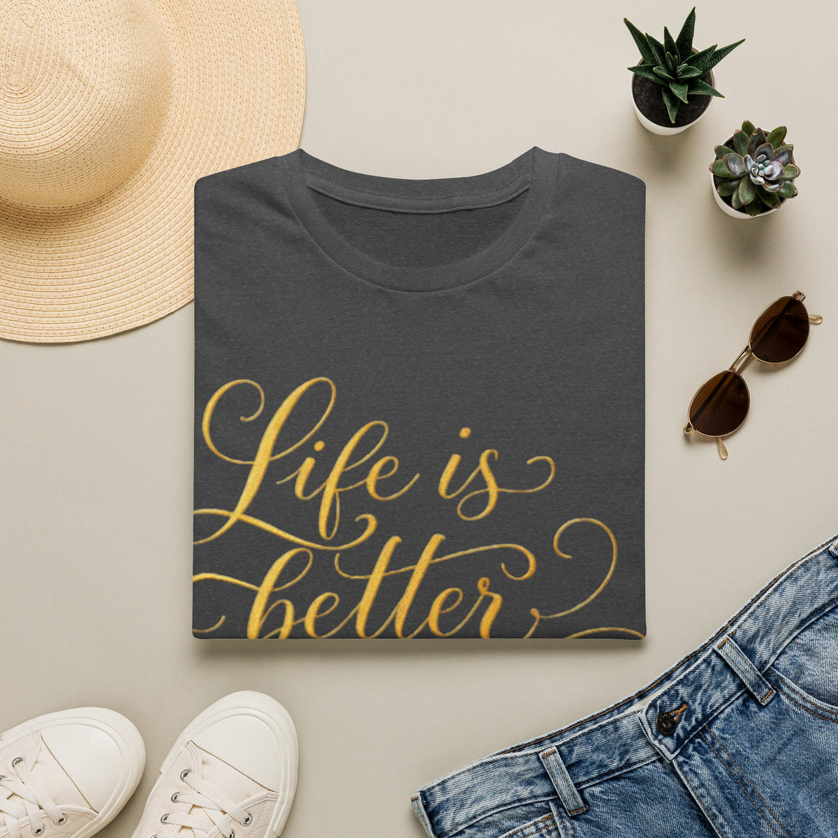 Adult T-Shirt — "Life is Better with Friends" Gold Script Tee
