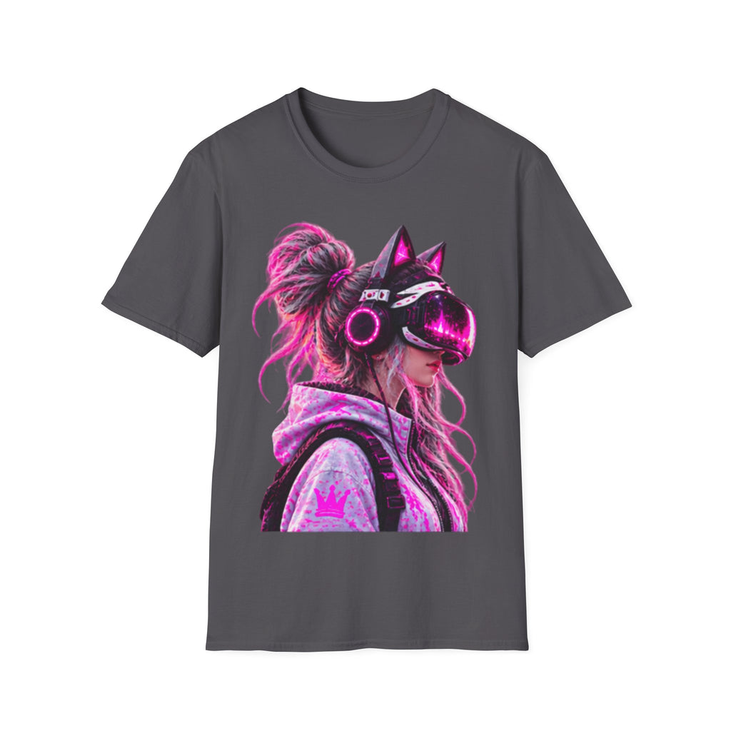 Cat VR Gamer Adult T‑Shirt — Neon Pink Cyberpunk Kitty Gamer Tee