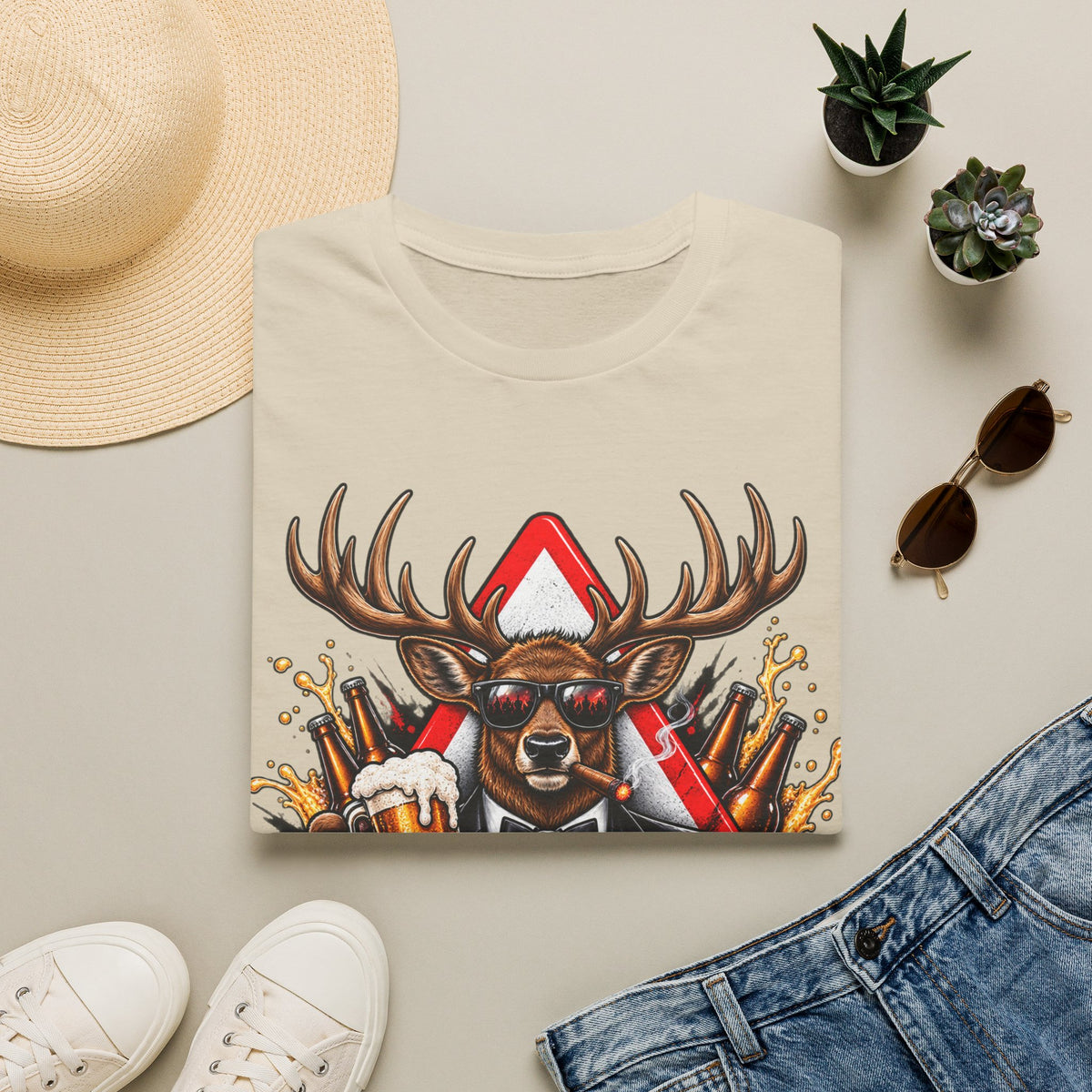 Stag Party Adult T-Shirt — Funny Beer-Drinking Deer Graphic Tee for Bachelor Parties