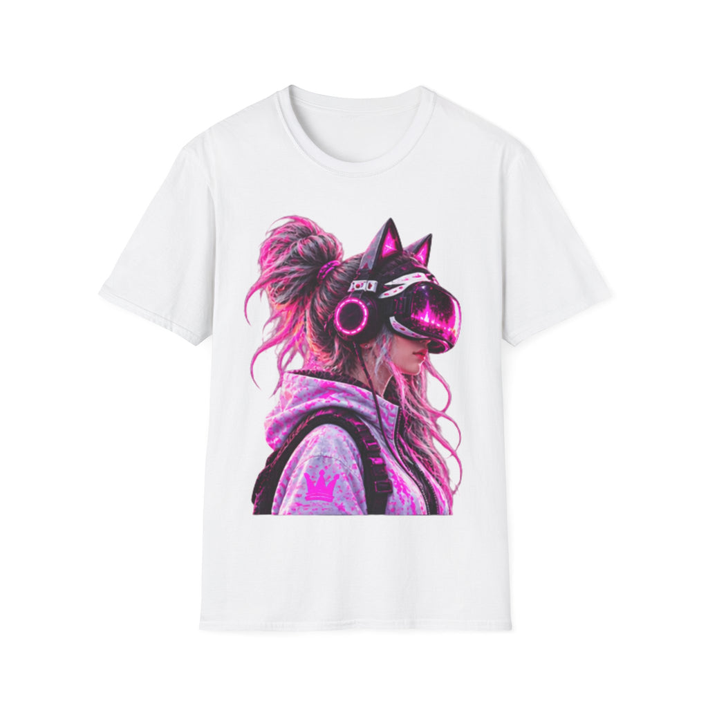 Cat VR Gamer Adult T‑Shirt — Neon Pink Cyberpunk Kitty Gamer Tee