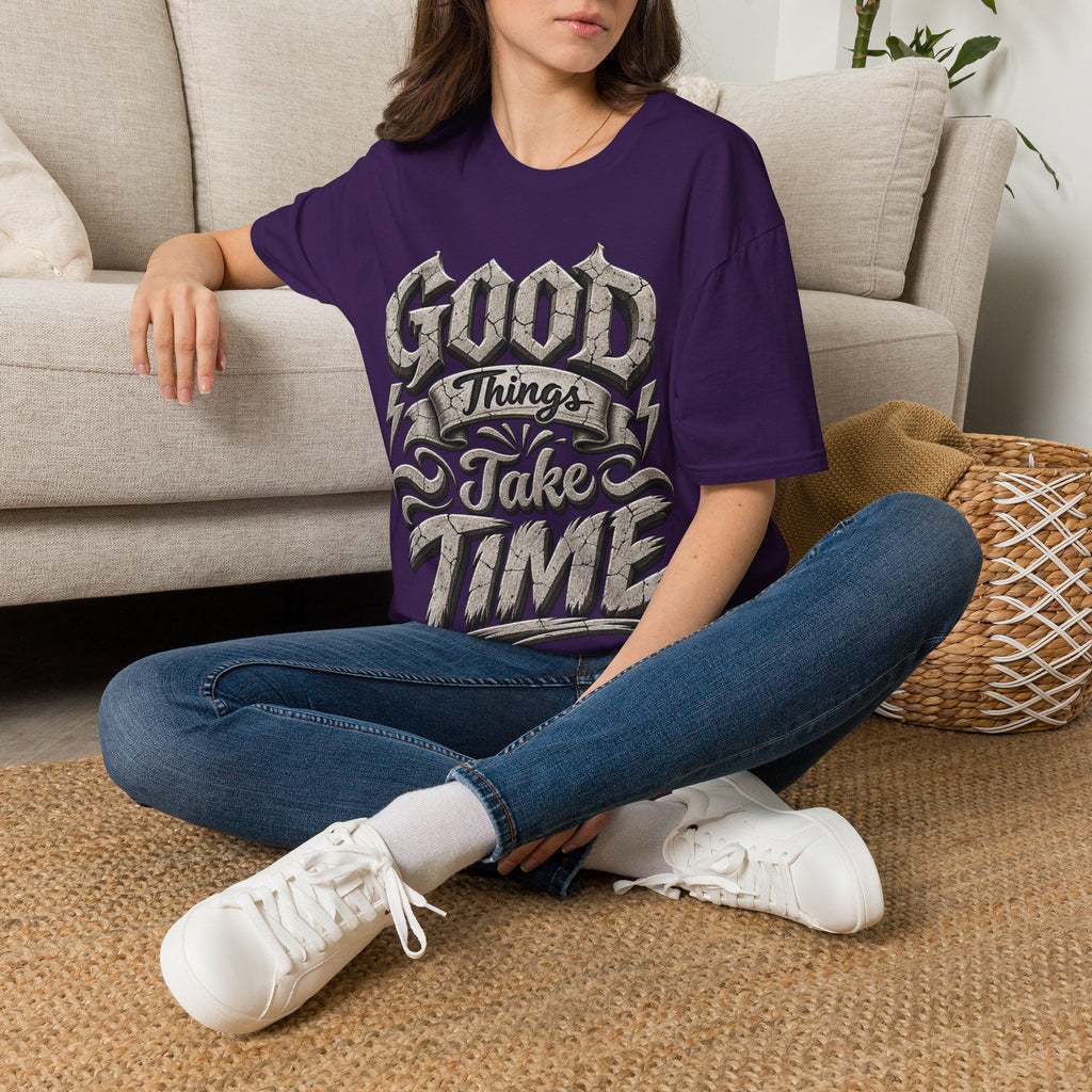 Adult T-Shirt — 'Good Things Take Time' Vintage Script Graphic Tee