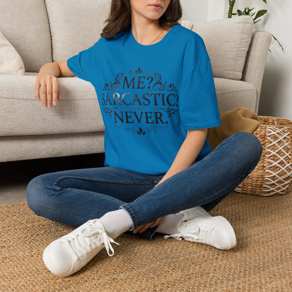Sarcastic Adult Tee — "Me? Sarcastic? Never." Vintage Ornate Graphic T-Shirt