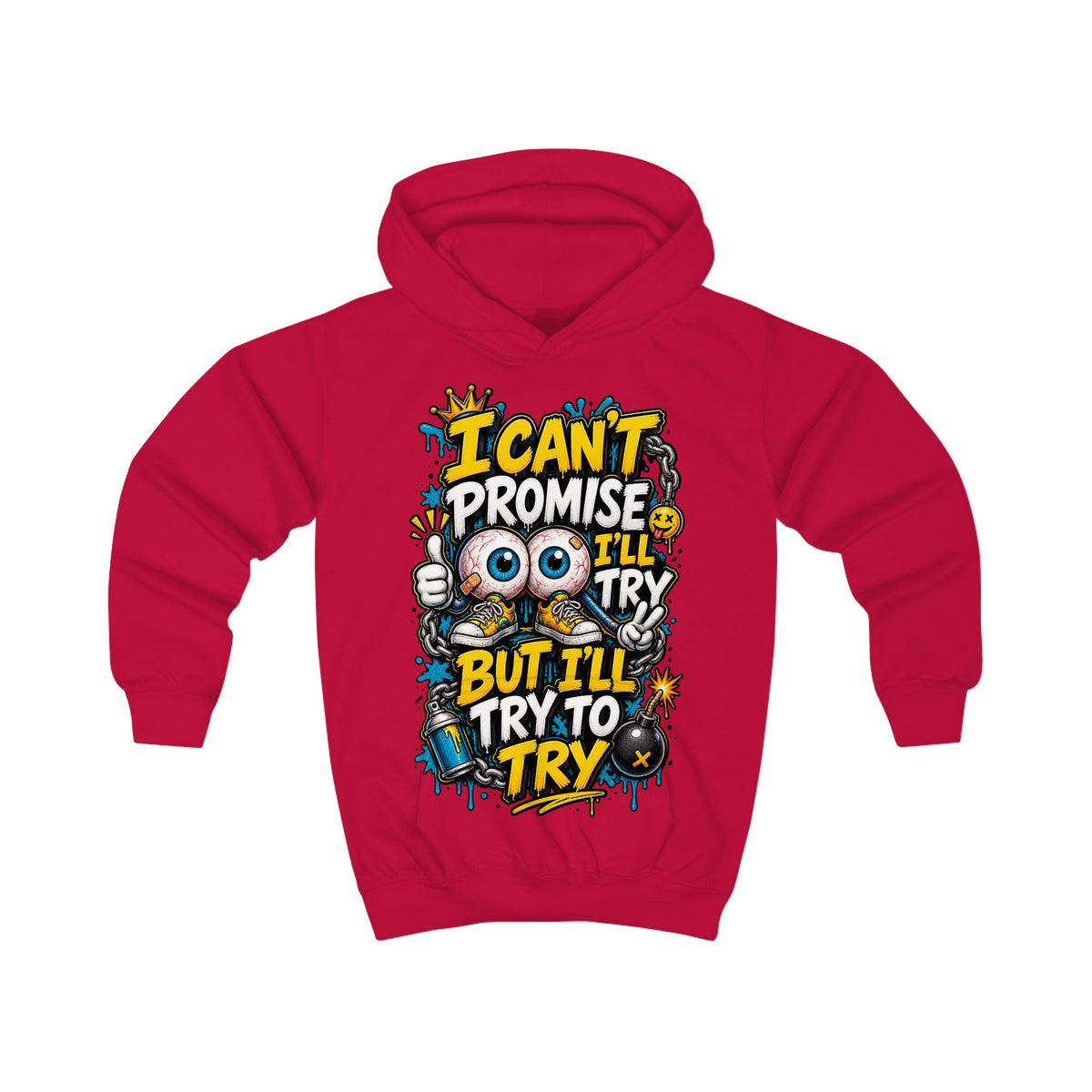 Kids Hoodie - "I Can't Promise I'll Try But I'll Try To Try" Cute Monster Motivational Pullover