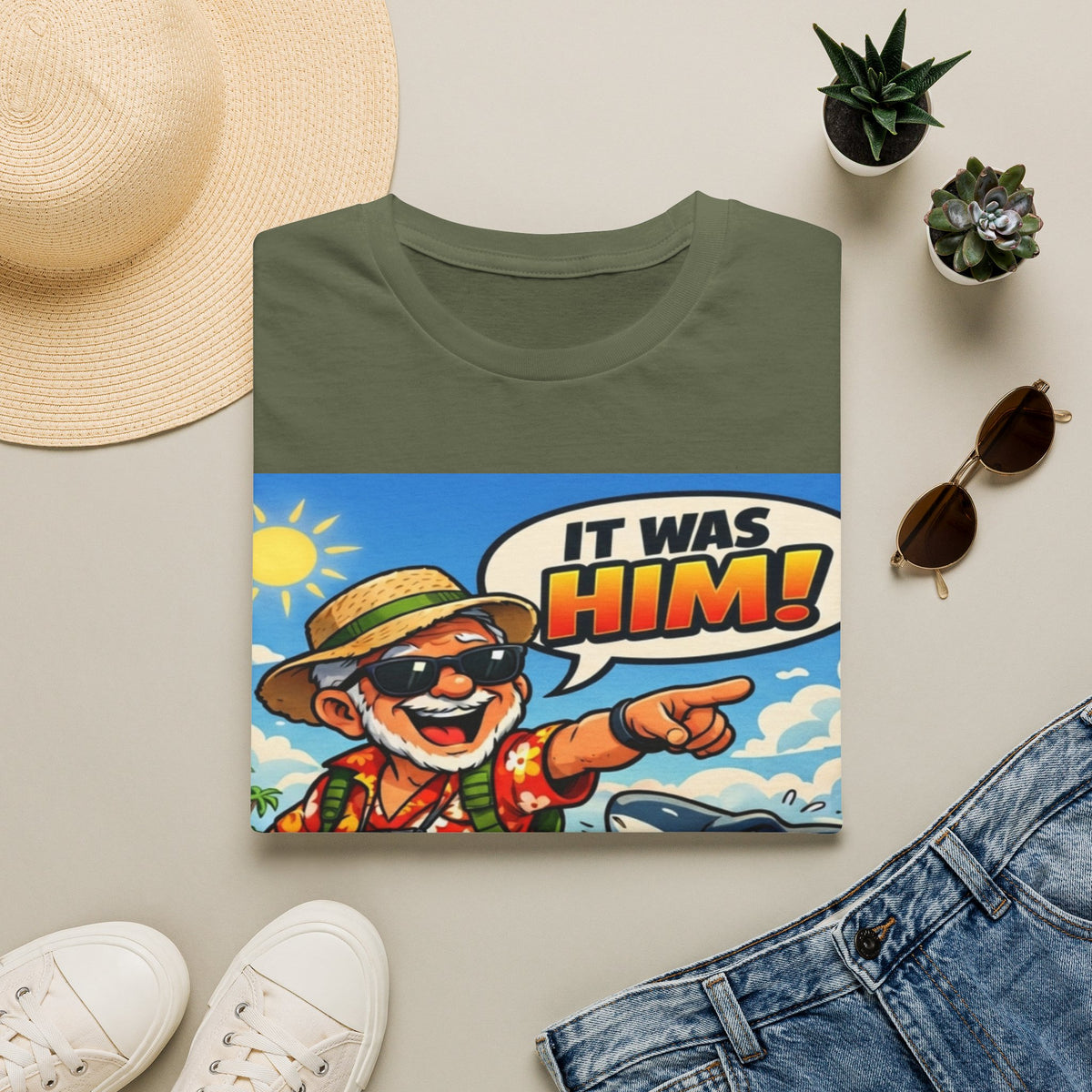 Adult T-Shirt — Retro Vacation Shark 'It Was Him!' Graphic Tee