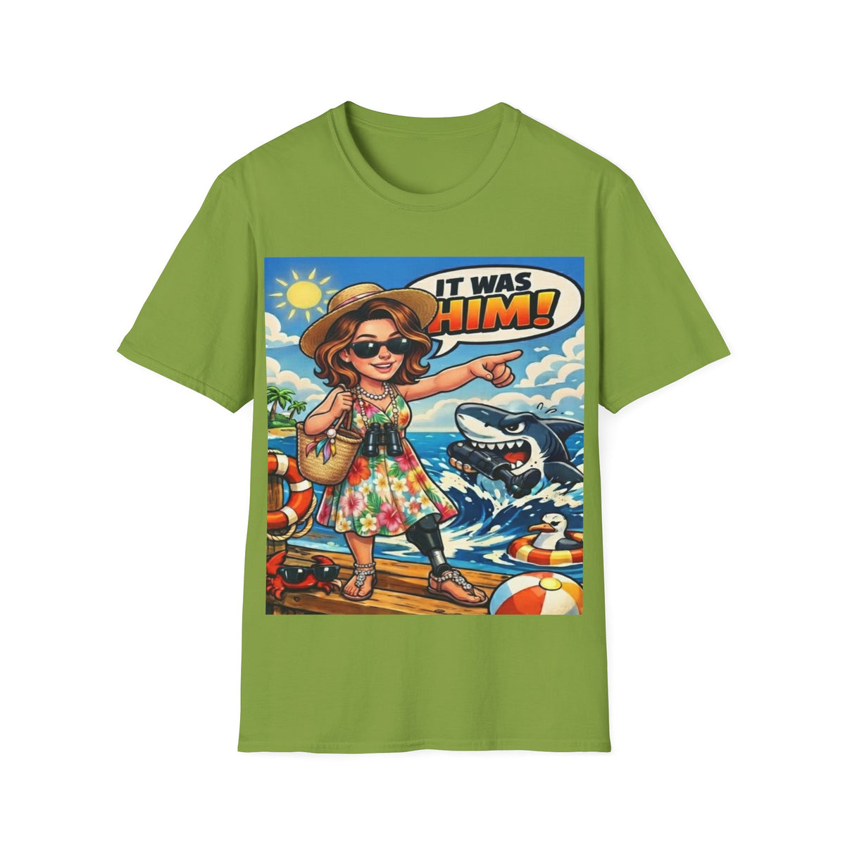 Adult T-Shirt — 'It Was Him!' Beach Shark Graphic Tee