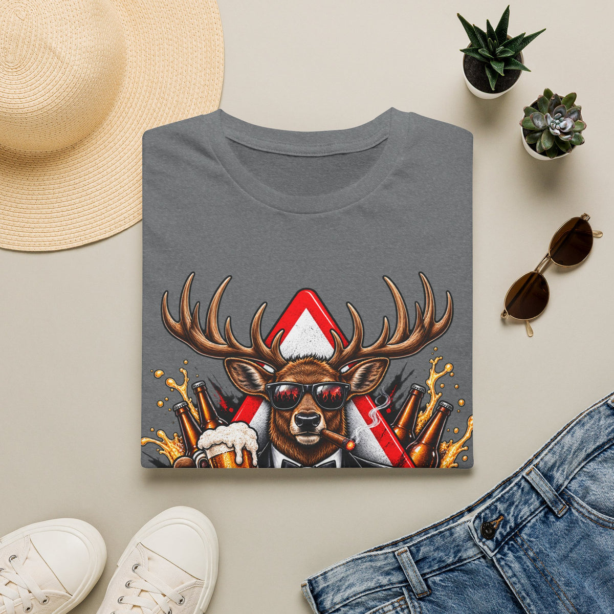 Stag Party Adult T-Shirt — Funny Beer-Drinking Deer Graphic Tee for Bachelor Parties