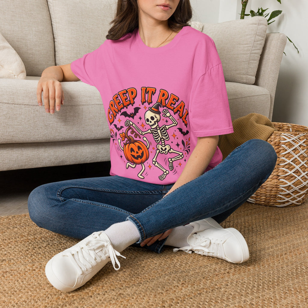 Creep It Real Halloween Adult T-Shirt — Dancing Skeleton & Pumpkin Graphic