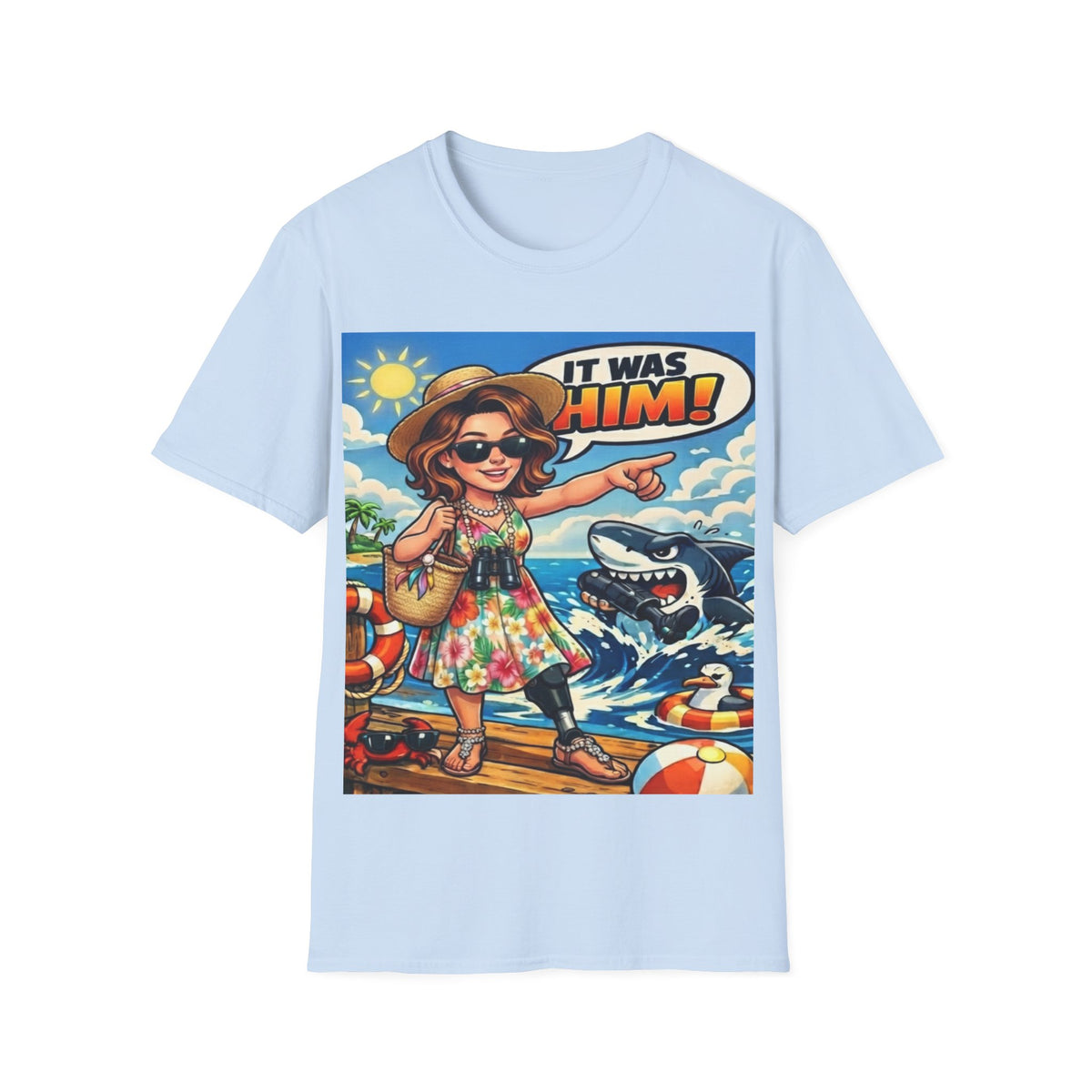Adult T-Shirt — 'It Was Him!' Beach Shark Graphic Tee