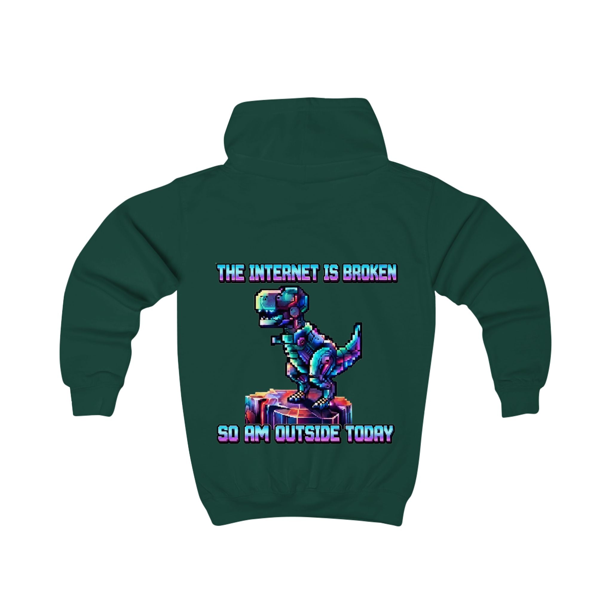 Kids Hoodie — Pixel Dino "The Internet Is Broken So I’m Outside Today"