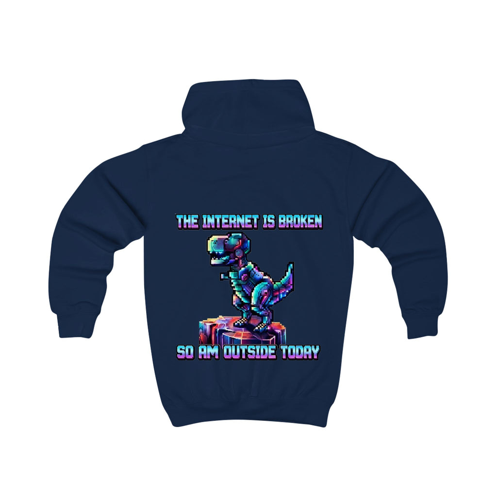 Kids Hoodie — Pixel Dino "The Internet Is Broken So I’m Outside Today"