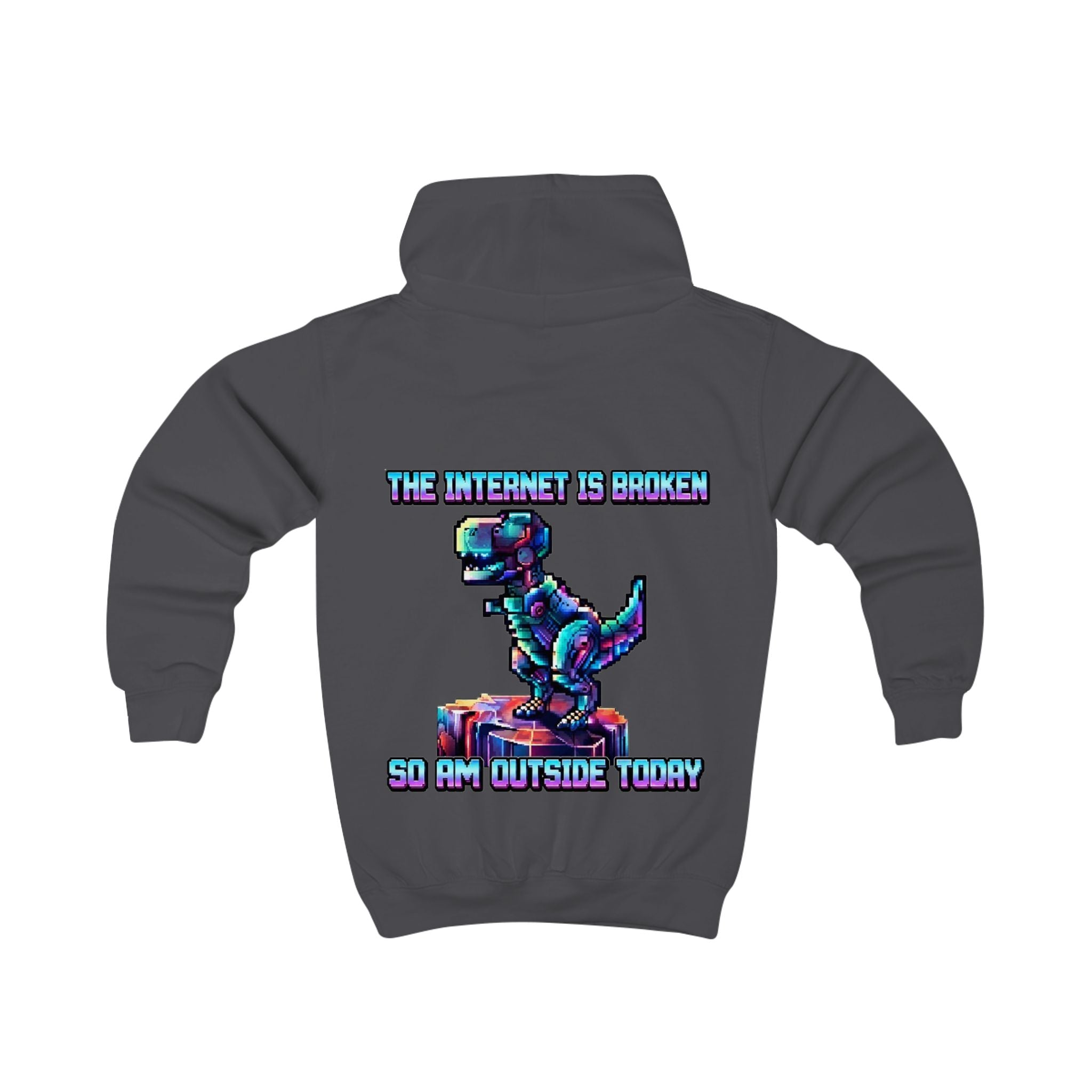 Kids Hoodie — Pixel Dino "The Internet Is Broken So I’m Outside Today"